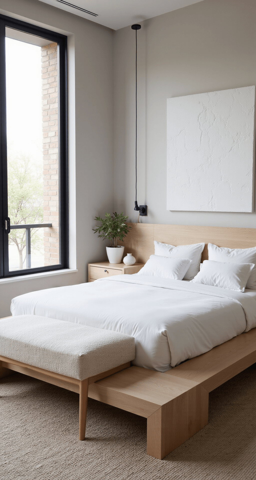 Create Your Perfect Bedroom Sanctuary: A Comprehensive Decor Guide Modern minimalist bedroom featuring a platform bed in bleached oak, integrated nightstands, and a monochromatic scheme of warm whites and greiges, accented by black metal window frames and an oversized abstract canvas. A cream boucle bench sits at the bed's end, complemented by a handwoven wool rug and architectural lighting emphasizing clean lines, all captured in crisp morning light.