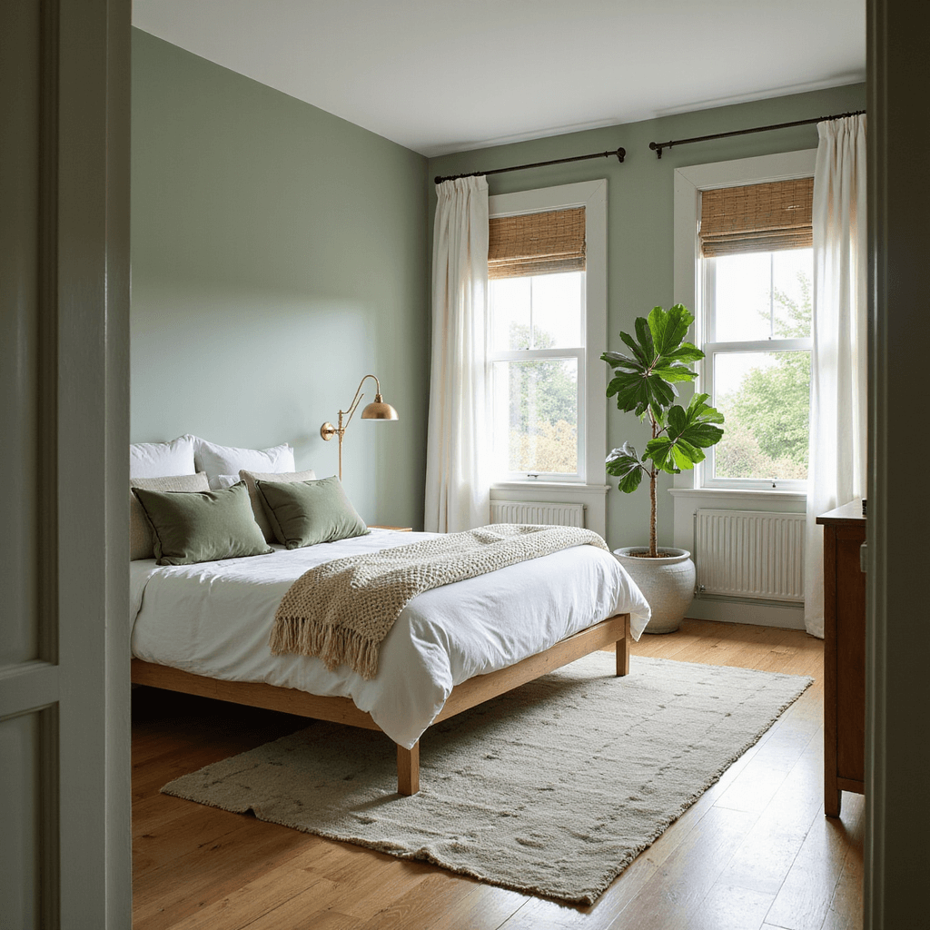 Green Bedroom Ideas: Your Ultimate Guide to Creating a Tranquil Nature-Inspired Sanctuary A serene sage green bedroom filled with morning light, featuring a modern platform bed with white linens and sage green pillows, light oak hardwood floors, vintage brass sconces, and a large fiddle leaf fig by the window, all enhanced by textural elements like a chunky knit throw and a hand-knotted wool rug.