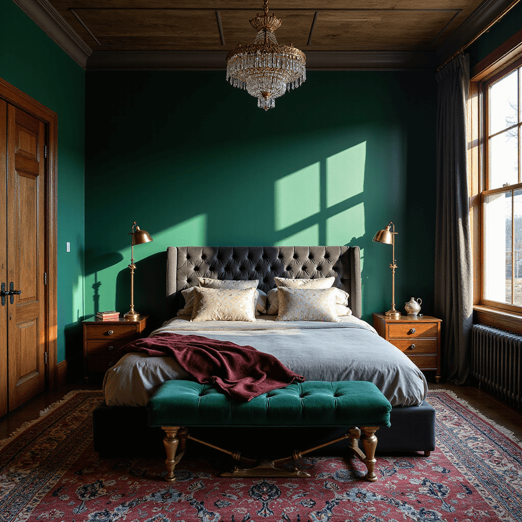 Green Bedroom Ideas: Your Ultimate Guide to Creating a Tranquil Nature-Inspired Sanctuary A cozy bedroom featuring an emerald green accent wall behind a tufted charcoal velvet headboard, illuminated by golden hour light. Antique brass reading lamps adorn either side of the bed, while a crystal chandelier adds elegance. Layered Persian rugs in jewel tones cover the floor, with dark-stained wood elements complementing the rich color palette. The image is captured from a 45-degree angle, showcasing the room's architectural details.