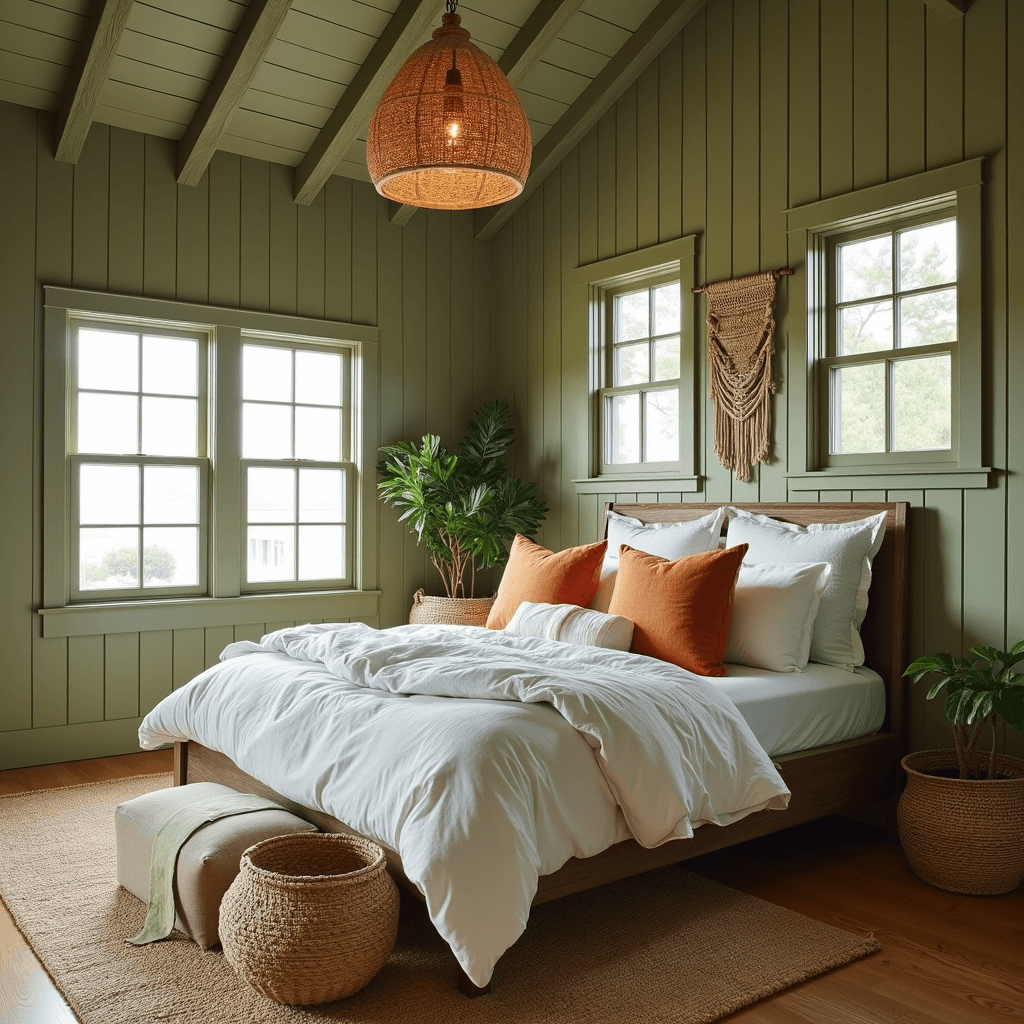 Green Bedroom Ideas: Your Ultimate Guide to Creating a Tranquil Nature-Inspired Sanctuary A coastal-inspired bedroom with olive green shiplap walls and vaulted ceilings, featuring a king bed in rumpled linen bedding, beach-style windows letting in natural light, and a rattan pendant light. The space includes a sisal rug, woven baskets, and a macramé wall hanging, with a color palette of olive green, warm white, terracotta, and natural rattan.