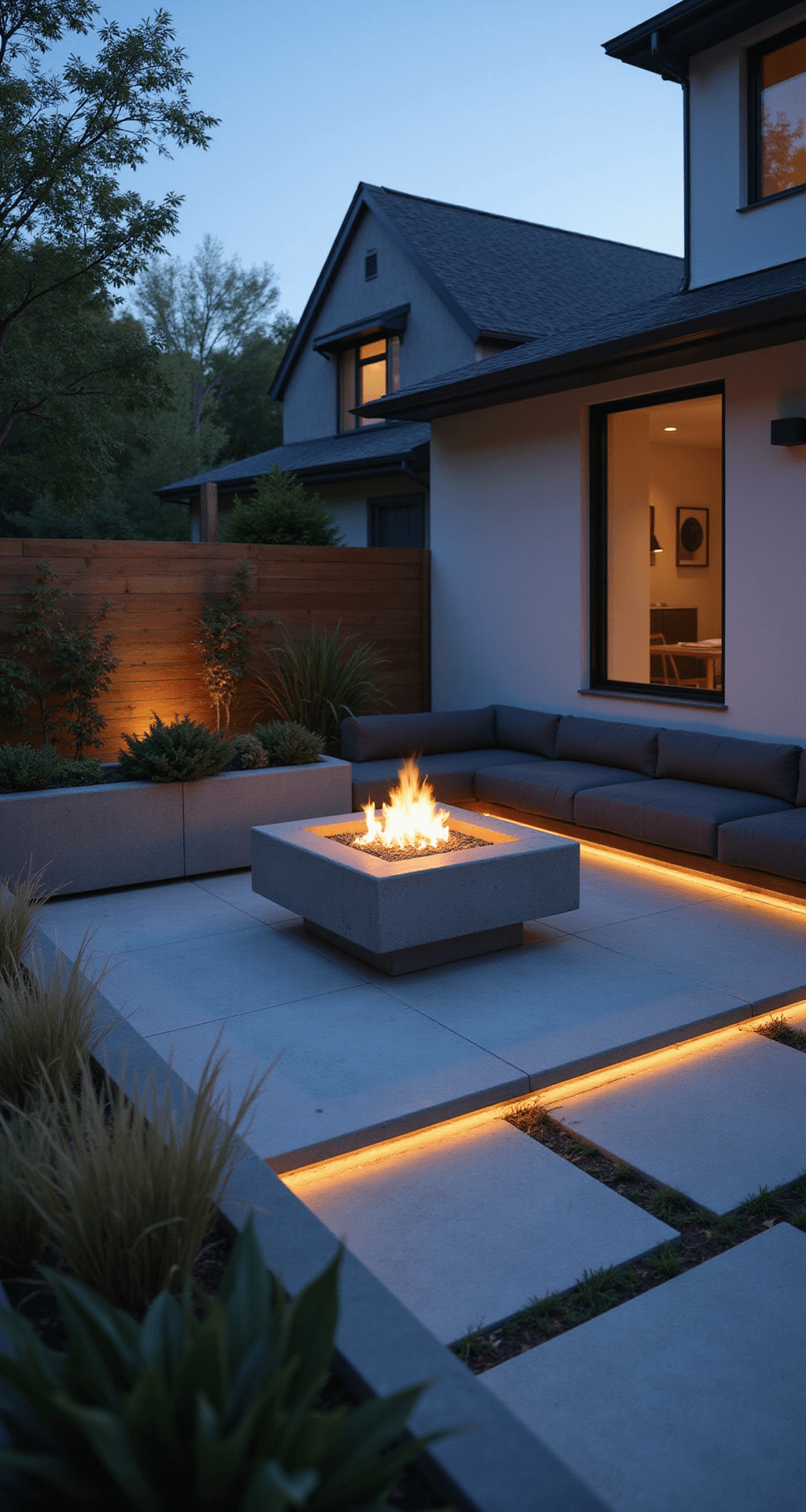 Modern Fire Pit Ideas: Transform Your Outdoor Space into a Stylish Retreat A twilight image of a minimalist backyard featuring a rectangular concrete fire pit with sharp edges on a light limestone platform, surrounded by low-profile charcoal gray seating. Warm LED lights highlight the platform's edges as the warm glow of the fire contrasts with the cool blue hour ambiance. Modern planters with architectural grasses frame the scene, captured at eye level with a shallow depth of field.