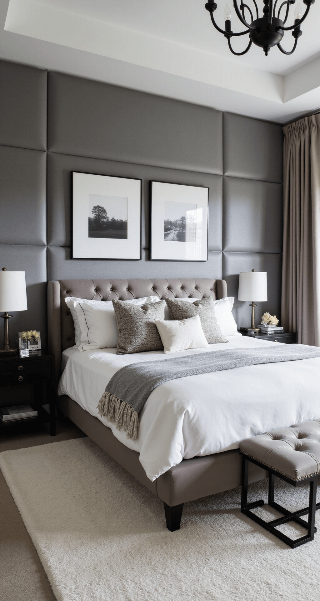 Create Your Perfect Bedroom Sanctuary: A Comprehensive Decor Guide Contemporary bedroom with a dramatic velvet headboard wall, a king bed dressed in luxe white and silver bedding, minimal black metal side tables, oversized black and white photography, plush ivory carpet, and a matte black chandelier, all illuminated by afternoon light.