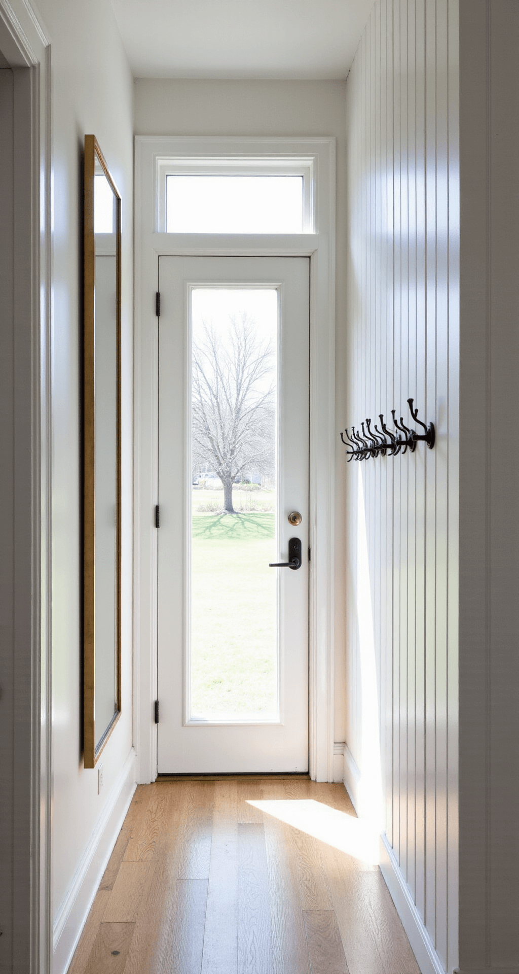 Small Entryway Ideas: Transform Your Tiny Space into a Stylish Welcome Zone A bright 6x8ft entryway with 10ft white-paneled walls, morning sunlight streaming through a frosted glass door, illuminating a slim brass-framed mirror and staggered matte black hooks, captured at eye level.