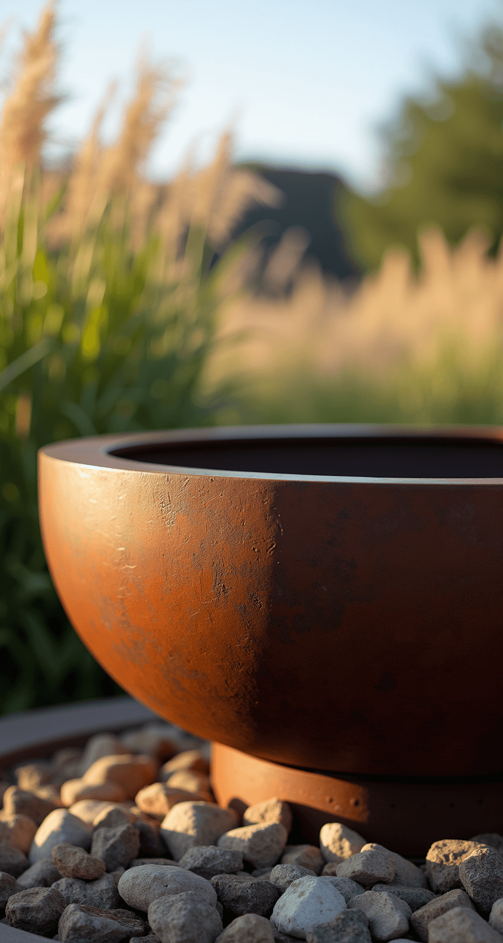 Modern Fire Pit Ideas: Transform Your Outdoor Space into a Stylish Retreat Close-up view of a Corten steel fire pit with a developing patina, surrounded by tall ornamental grasses in late afternoon sunlight. The pit features a floating glass wind guard and a river rock base, with dynamic shadows and highlighted textures.