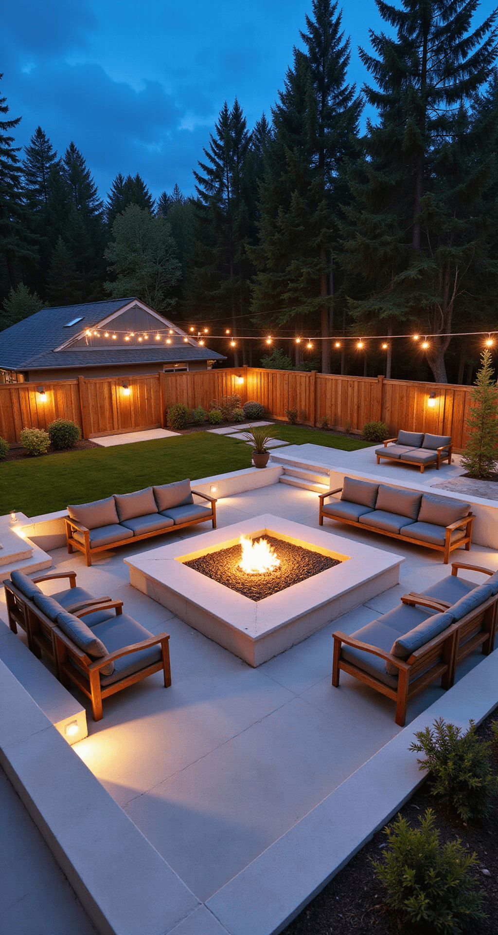 Modern Fire Pit Ideas: Transform Your Outdoor Space into a Stylish Retreat Wide-angle view of a multi-level terrace featuring a square glass-enclosed fire pit at its center, surrounded by cascading white concrete steps leading to a lower seating area with modern teak sectionals, illuminated by overhead string lights during the evening blue hour.