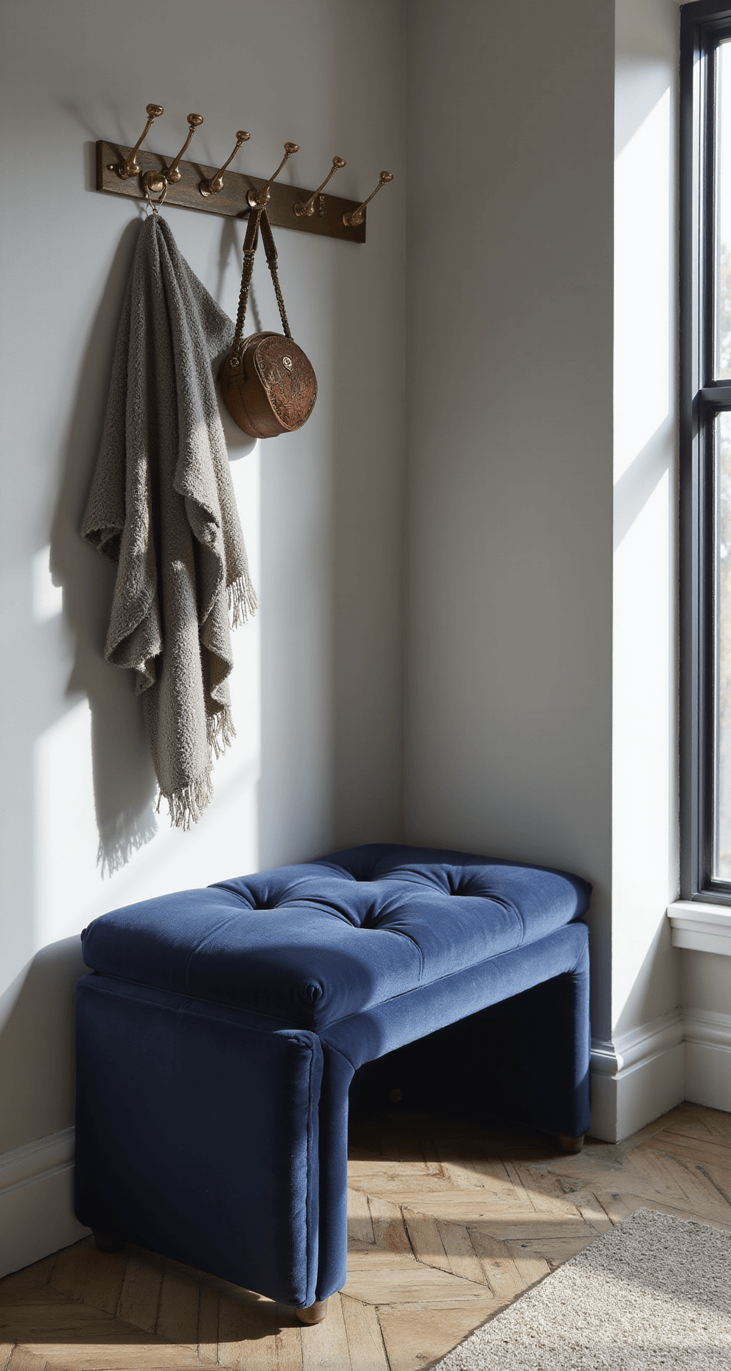 Small Entryway Ideas: Transform Your Tiny Space into a Stylish Welcome Zone A corner view of a sophisticated entryway featuring a deep navy tufted velvet storage bench against pale gray walls, illuminated by late afternoon light. The bench, with winter accessories stored below, is complemented by vintage brass hooks displaying curated items. The high-angle shot highlights the organized layout and luxe atmosphere.