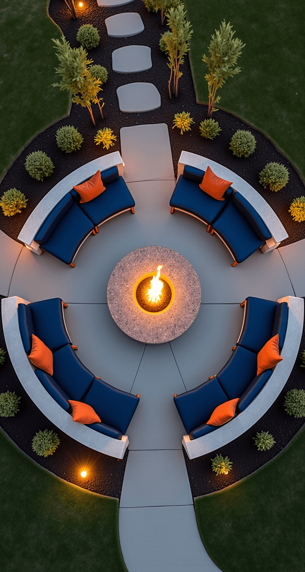 Modern Fire Pit Ideas: Transform Your Outdoor Space into a Stylish Retreat Overhead drone shot of a circular fire pit lounge with built-in concrete seating, featuring a brushed stainless steel fire element with a floating granite top, surrounded by midnight blue cushions and copper accent pillows, captured at golden hour with long shadows and ambient landscape lighting.