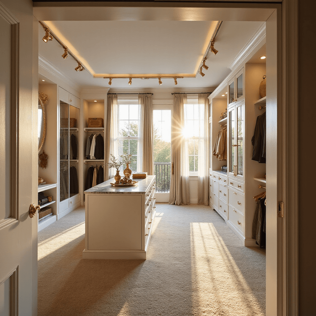 15 Stunning Bedroom Cupboard Ideas to Transform Your Space A luxurious walk-in closet bathed in warm golden hour light, featuring custom white cabinetry, a marble-topped central island, and organized designer clothing racks, all captured from the entrance with an ultra-wide angle lens.