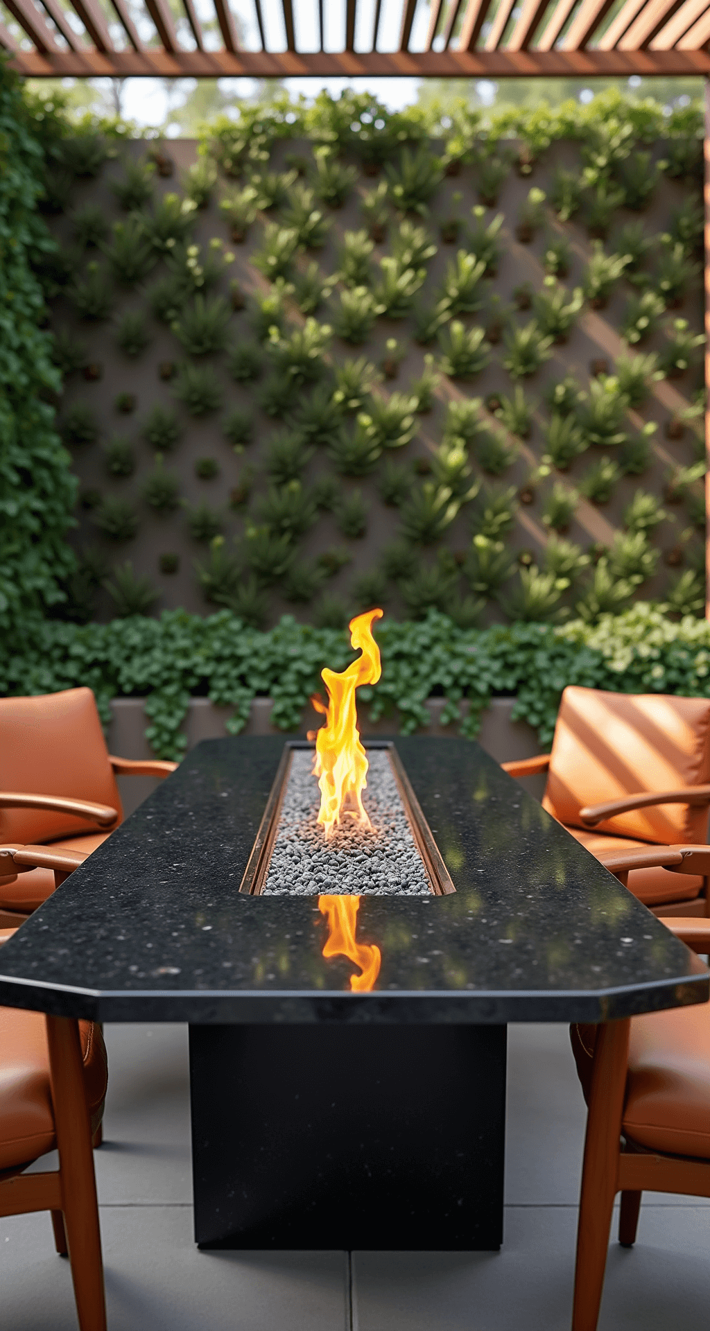 Modern Fire Pit Ideas: Transform Your Outdoor Space into a Stylish Retreat An eye-level view of a modern fire table with a black granite top and linear flames, surrounded by mid-century modern cognac leather chairs, set against a backdrop of vertical succulents. Soft afternoon light filters through pergola slats, casting dramatic shadows, with a shallow depth of field focusing on the flickering flames.