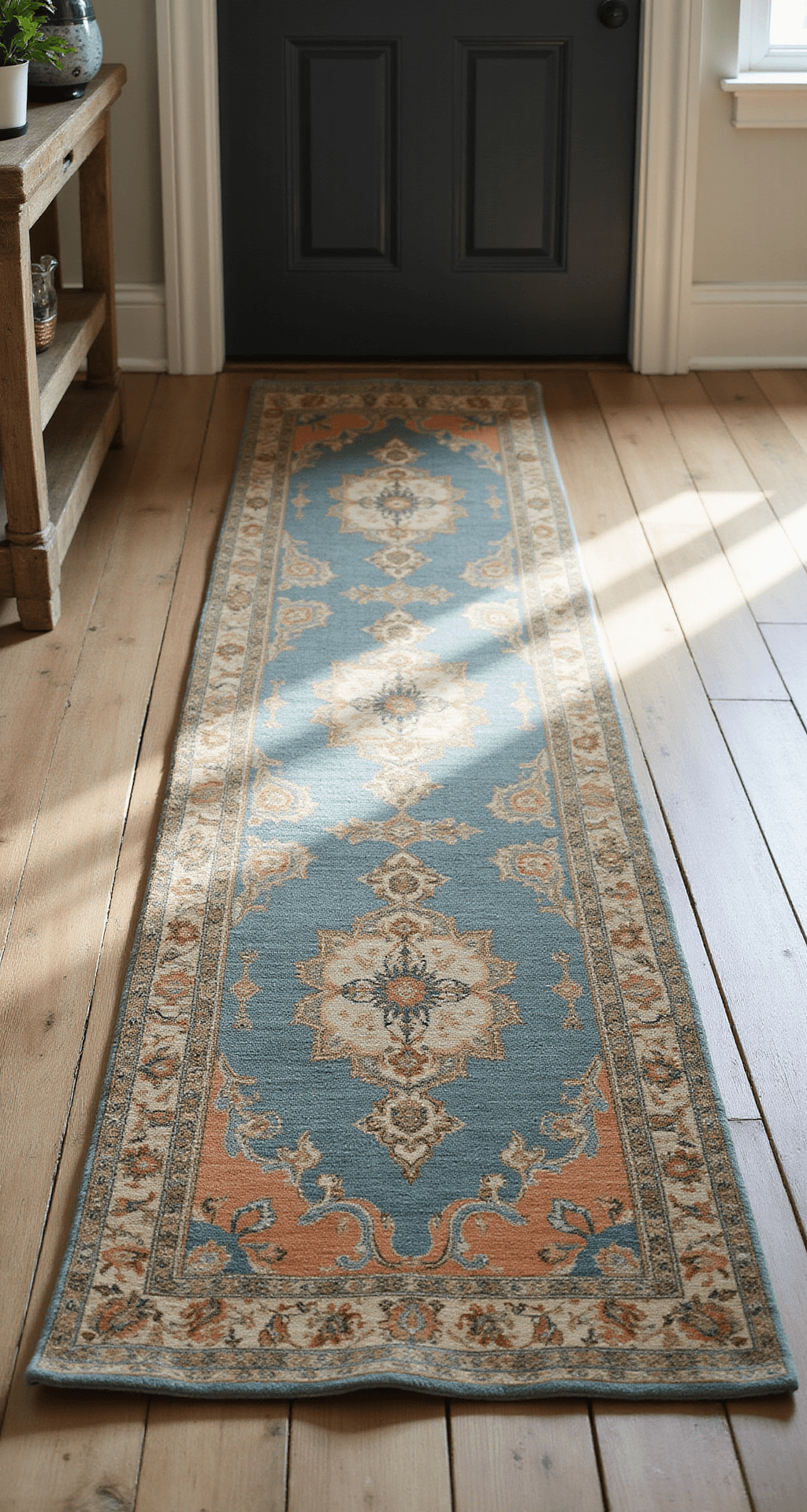 Small Entryway Ideas: Transform Your Tiny Space into a Stylish Welcome Zone Ground-level view of a vintage 4x6ft Persian runner in muted teals and russets on white oak flooring, illuminated by natural morning light that accentuates its intricate pattern and texture.