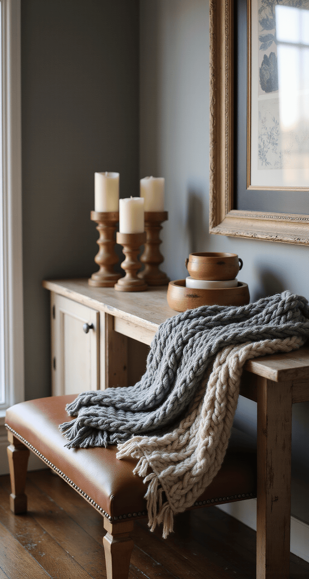 Small Entryway Ideas: Transform Your Tiny Space into a Stylish Welcome Zone Close-up portrait of a cozy winter entryway featuring a leather bench draped with chunky knit throws in cream and gray, rustic wooden candleholders of varying heights on a console, and warm ambient lighting casting gentle shadows.