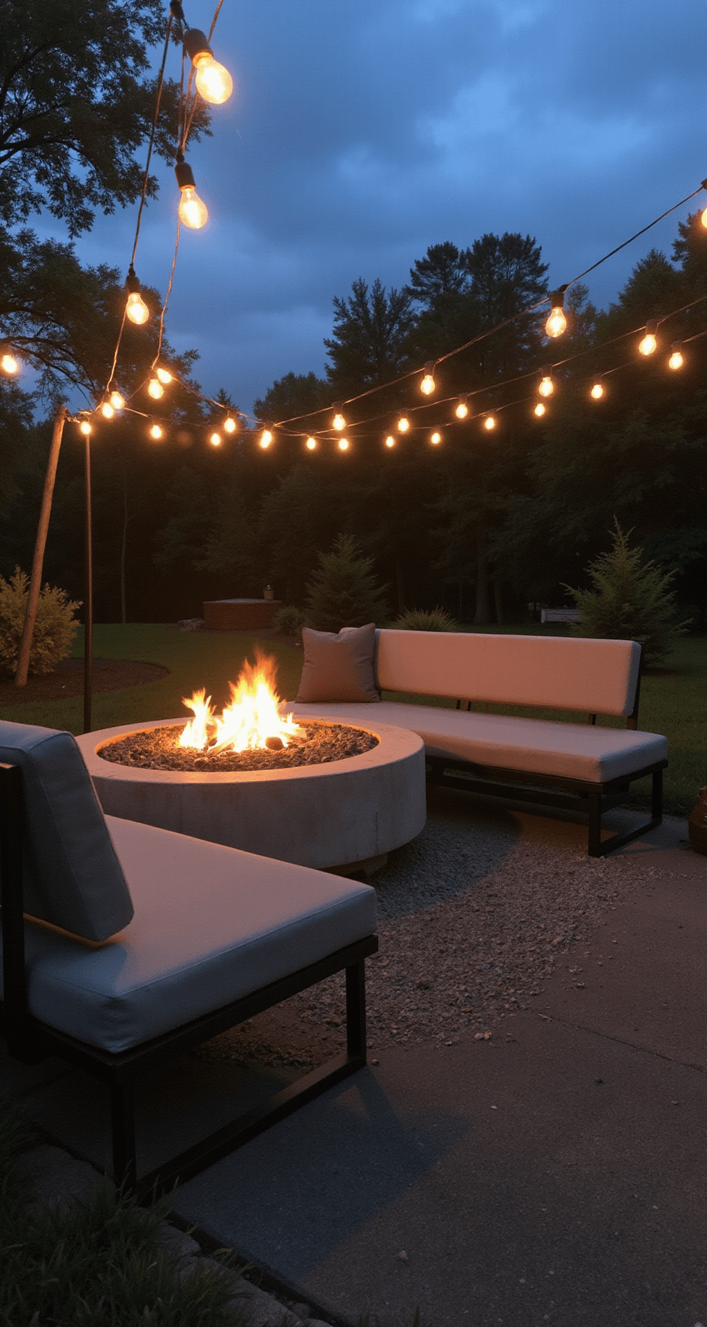 Modern Fire Pit Ideas: Transform Your Outdoor Space into a Stylish Retreat Dramatic dusk scene featuring a 5' diameter DIY concrete fire pit surrounded by floating bench seating, industrial metal accents, and a raw concrete finish, illuminated by hanging Edison bulbs, with a low camera angle highlighting the fire's warm glow against the cool evening light.