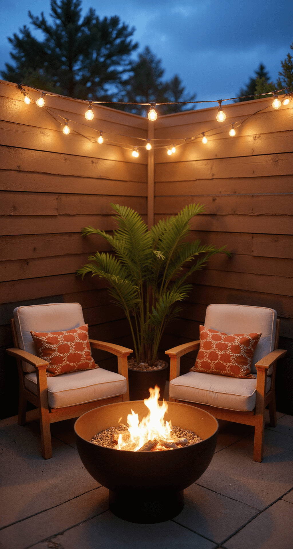 Modern Fire Pit Ideas: Transform Your Outdoor Space into a Stylish Retreat An intimate outdoor scene featuring a portable matte black fire bowl surrounded by cream Acapulco chairs and terra cotta geometric outdoor pillows, set against modern horizontal fence panels. String lights overhead create a beautiful bokeh effect during blue hour, with soft artificial lighting enhancing the cozy gathering space, all captured at seated eye level.