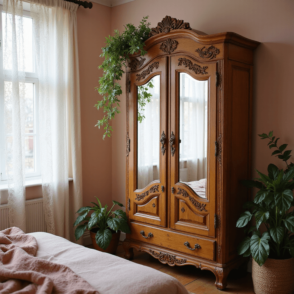 15 Stunning Bedroom Cupboard Ideas to Transform Your Space A freestanding vintage armoire with intricate carvings and antique brass hardware in a bohemian bedroom, illuminated by morning light through lace curtains, against a pale blush wall adorned with trailing plants. The scene is captured at a slight Dutch angle, showcasing soft natural lighting and a color palette of warm oak tones, vintage brass, and blush pink accents.