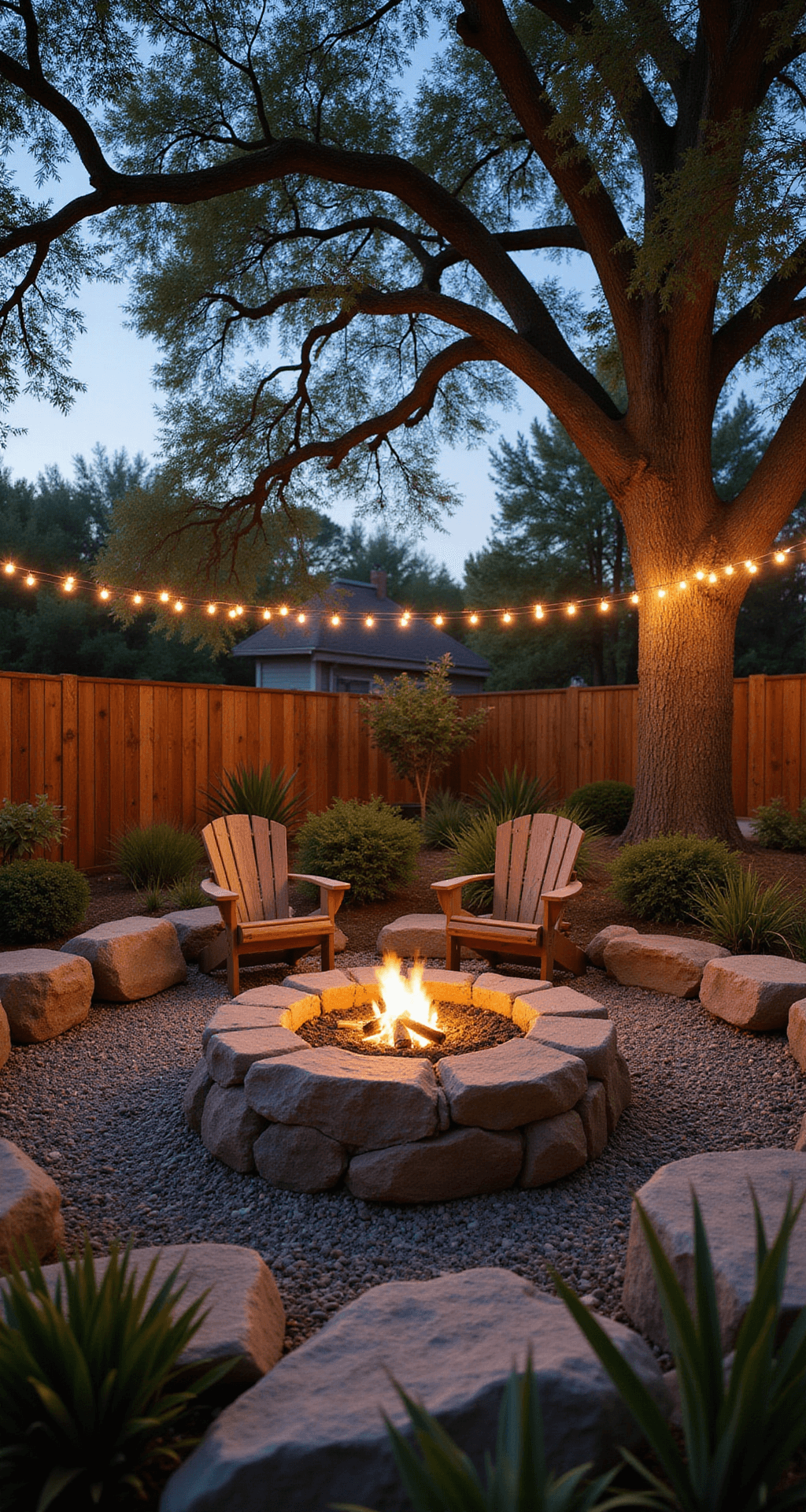 Natural Fire Pit Ideas: Transform Your Outdoor Space into a Cozy Retreat Twilight backyard with a circular boulder fire pit surrounded by Adirondack chairs, native grasses, and agaves, illuminated by warm LED string lights between oak trees.