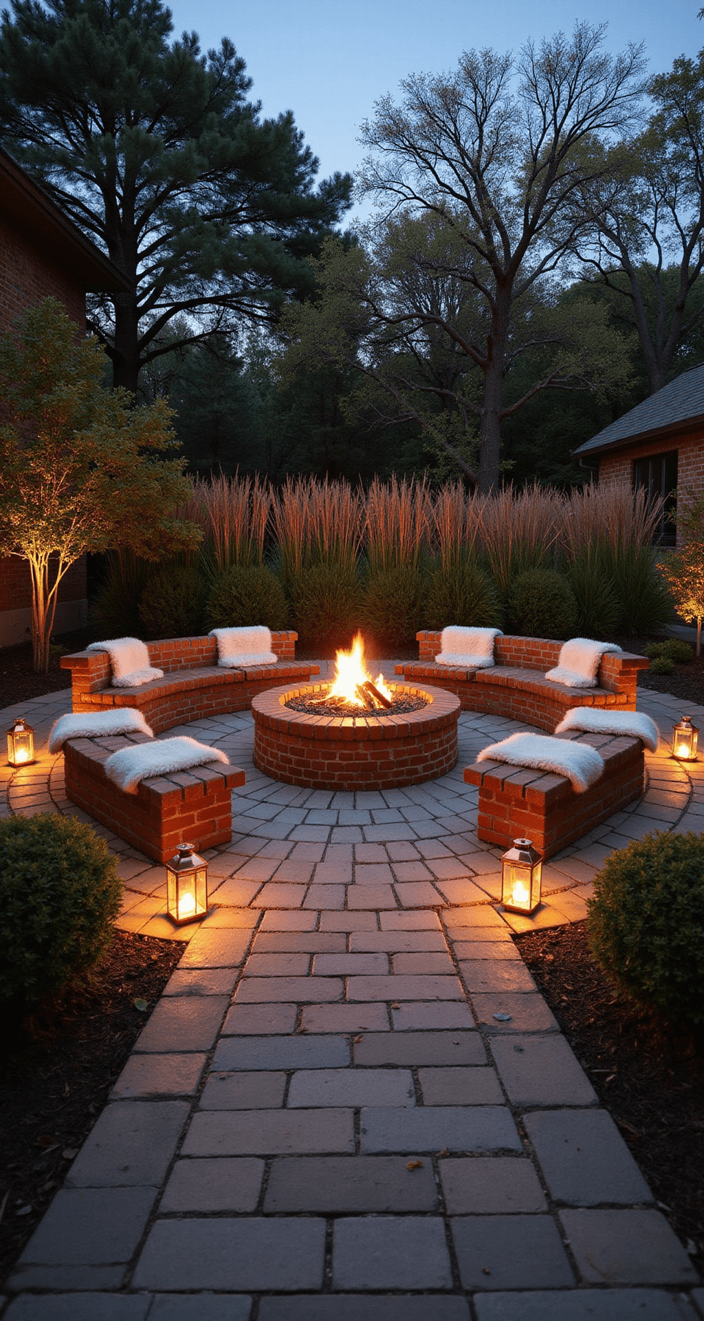 Natural Fire Pit Ideas: Transform Your Outdoor Space into a Cozy Retreat Low-angle view of a rustic brick fire pit at dusk in a courtyard, surrounded by stone pavers and wooden log benches with sheepskin throws, illuminated by warm copper lanterns and framed by Cape rush and ornamental grasses.