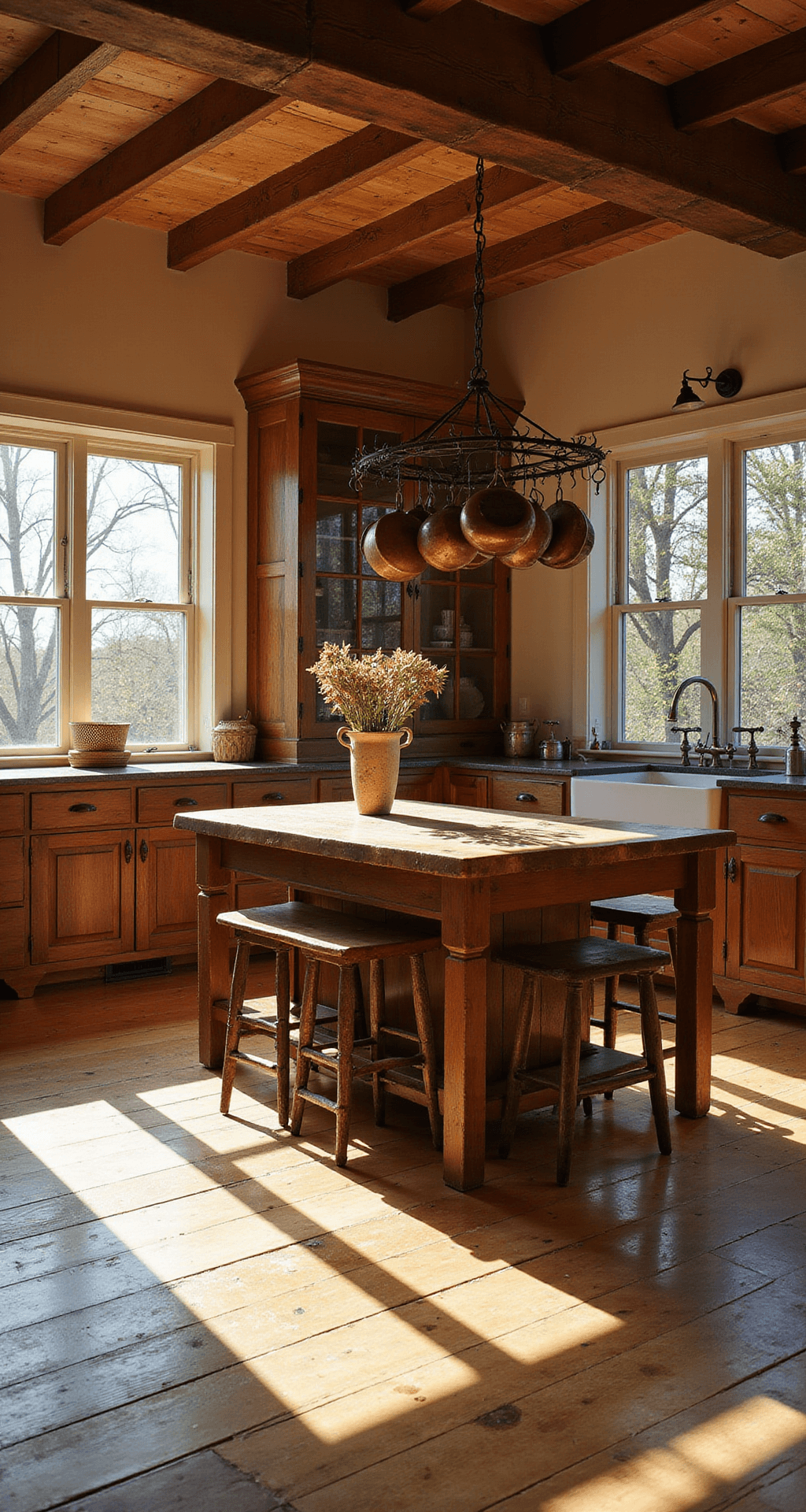 Primitive Kitchen Design: Embracing Rustic Americana Charm A spacious primitive kitchen with wide-plank pine flooring, an antique dark walnut hutch, a central wooden island with a butcher block top, hand-forged iron stools, and a copper pot rack, illuminated by golden morning light streaming through east-facing windows, showcasing textures of rough-hewn beams and woven baskets.
