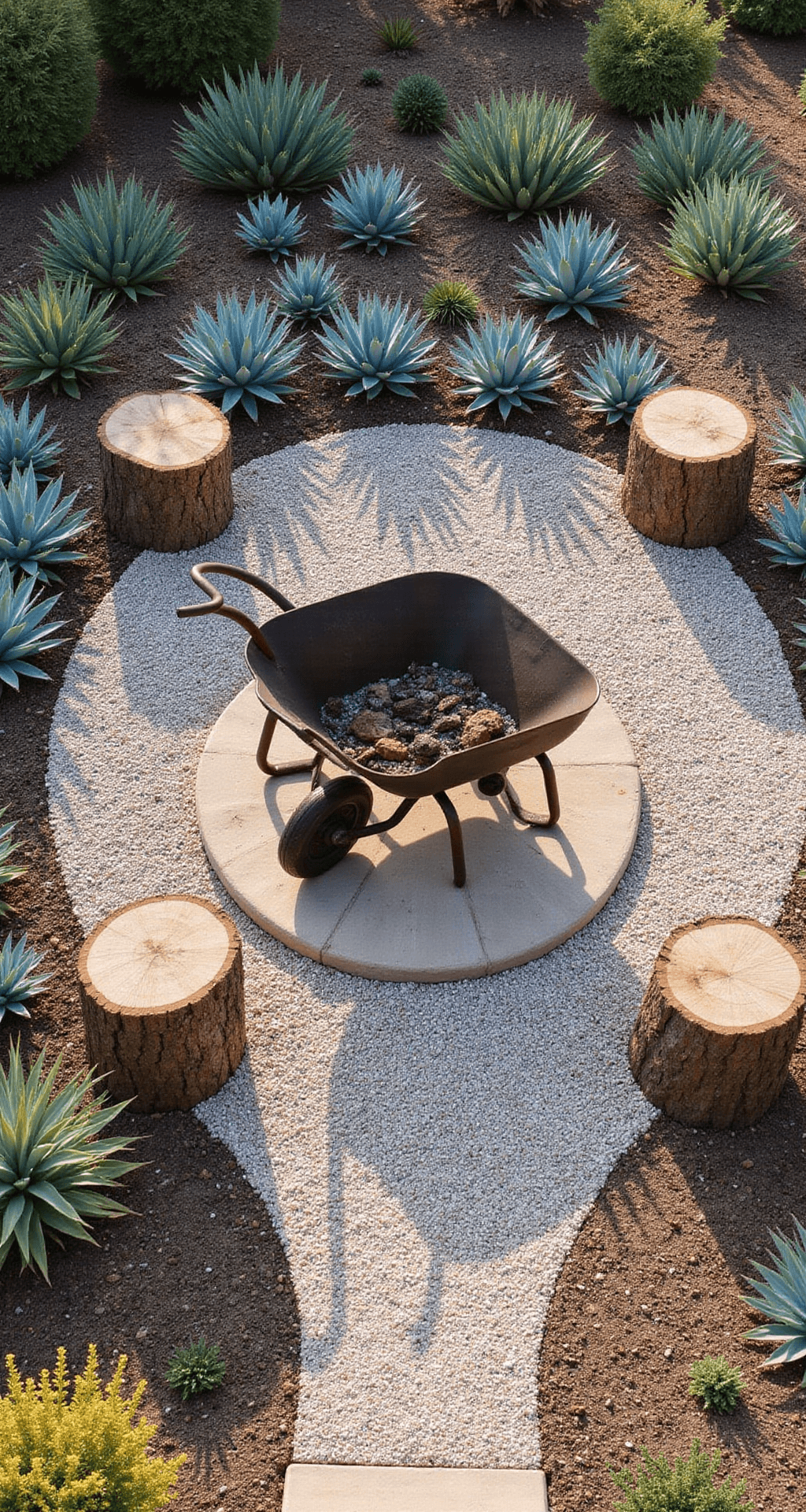 Natural Fire Pit Ideas: Transform Your Outdoor Space into a Cozy Retreat Overhead view of a vintage wheelbarrow fire pit on a stone platform in a gravel garden, surrounded by a crushed granite pathway and tree stump seating, featuring desert plants like blue agaves, bathed in warm late afternoon light.