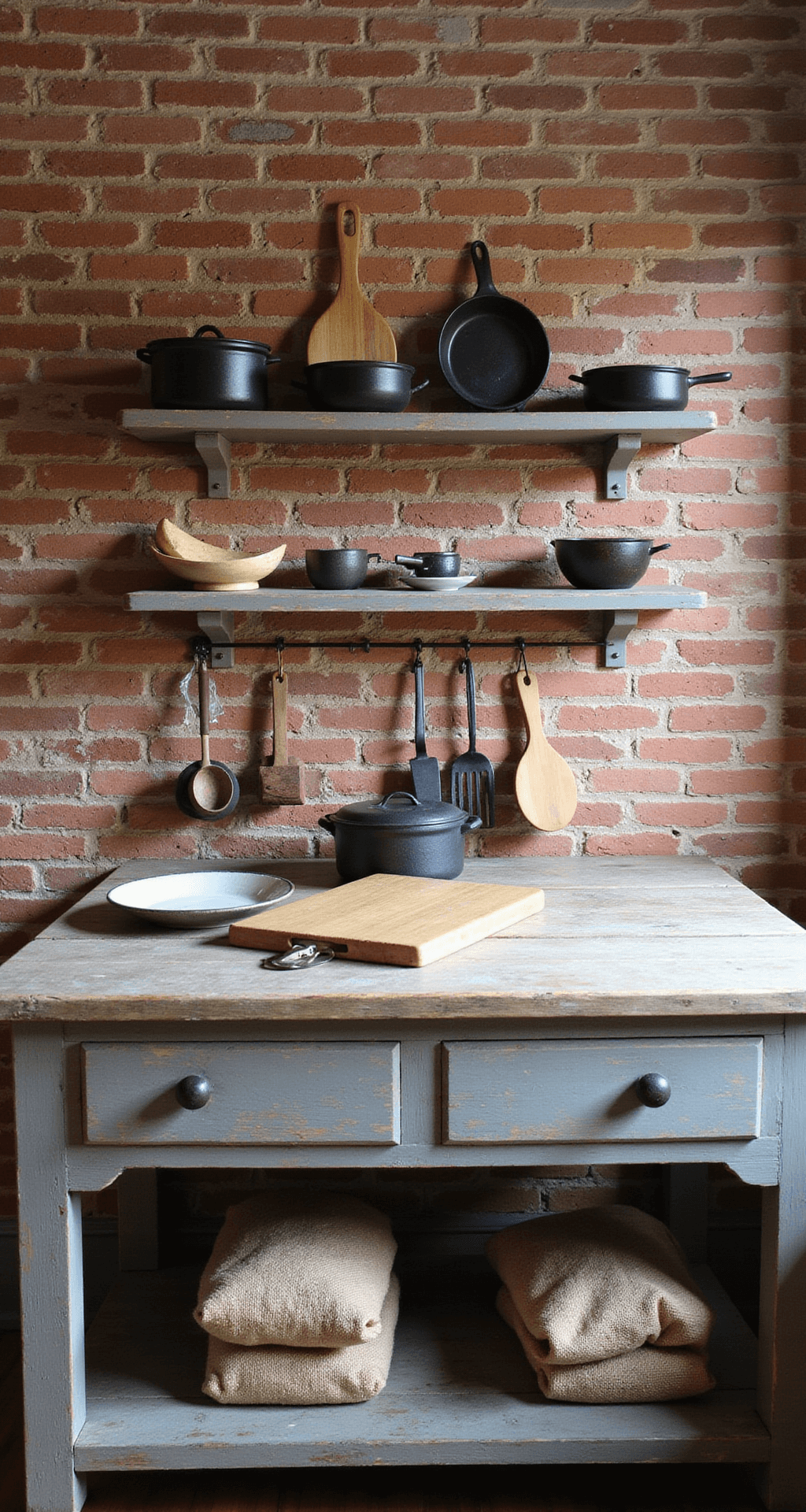 Primitive Kitchen Design: Embracing Rustic Americana Charm Rustic kitchen workspace featuring a 10ft exposed brick wall with open shelving holding wooden utensils and cast iron cookware, a weathered farmhouse table topped with a vintage breadboard and flour sacks, captured in warm afternoon light with sharp focus on the utensil collection.
