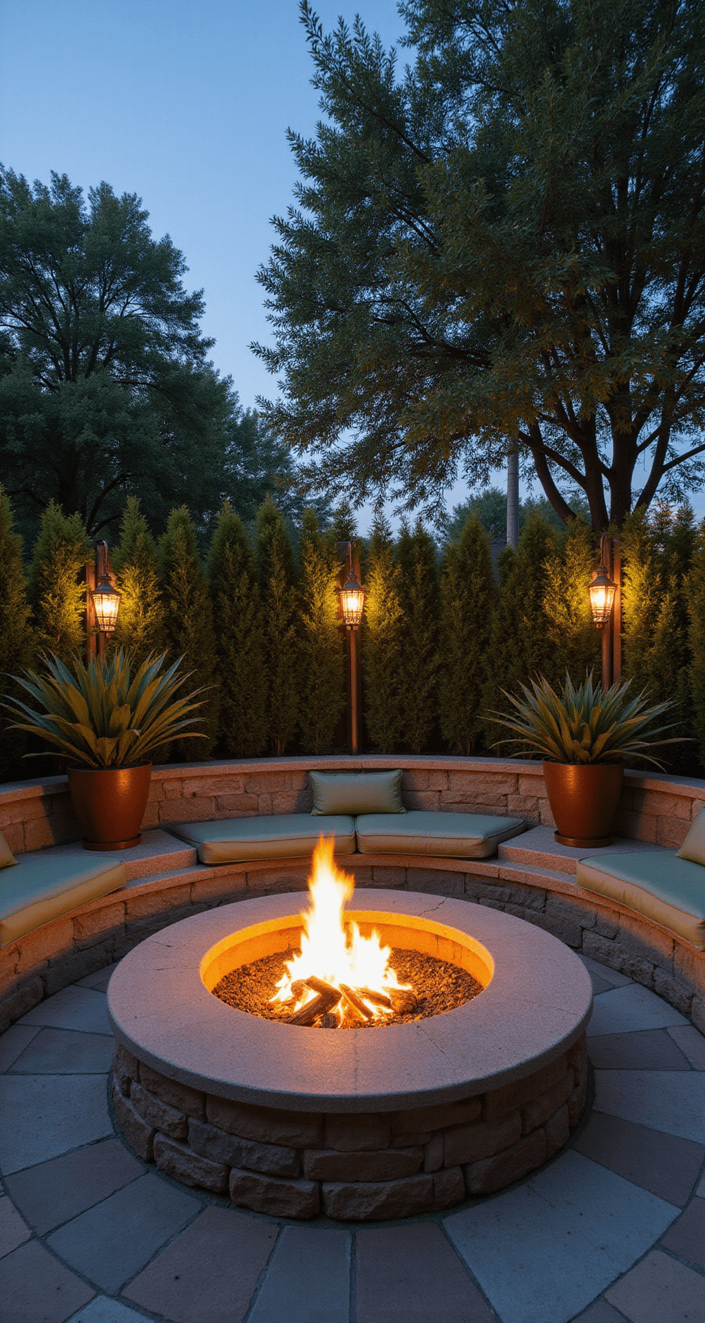 Natural Fire Pit Ideas: Transform Your Outdoor Space into a Cozy Retreat An eye-level view of a sunken fire pit lounge at magic hour, featuring a 6ft diameter natural stone pit surrounded by a curved conversation area of built-in concrete benches with sage green cushions. The 25x25ft flagstone patio is enclosed by fortnight lilies creating a privacy screen, while Moroccan lanterns provide soft lighting. Modern cor-ten steel planters add architectural interest to the moody, resort-style setting.