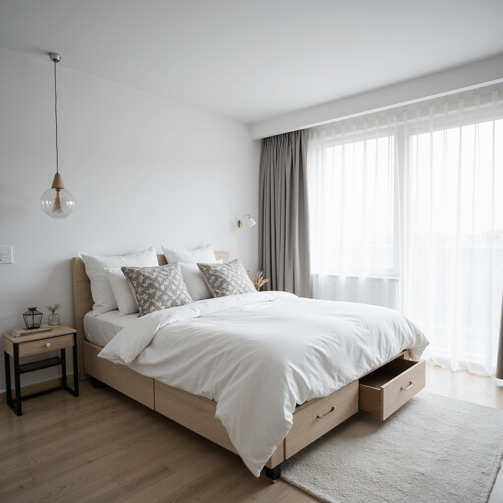 Tiny Bedroom Ideas: Unlock Massive Style in Minimal Space A contemporary 10x10ft bedroom flooded with midday light, featuring an all-white palette with black metal accents and pale timber tones. The queen bed includes hidden storage and is dressed in white linens with geometric throw pillows. A slim console serves as a dresser, topped with minimalist decor, while sheer curtains billow gently. The image captures the space from a corner angle, highlighting the Scandinavian minimalism infused with Japanese influence.