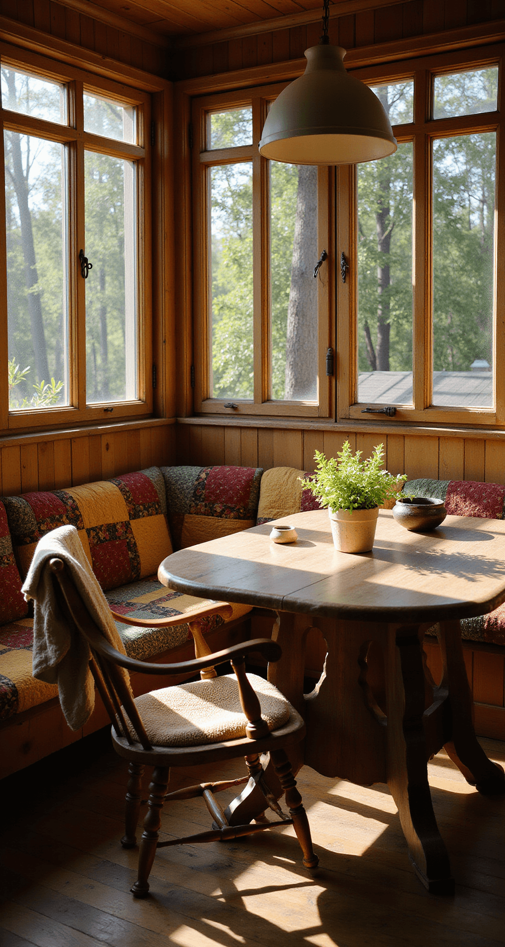 Primitive Kitchen Design: Embracing Rustic Americana Charm A sunlit primitive kitchen dining nook features a rustic trestle table set, surrounded by a distressed wooden bench and chairs adorned with vintage quilts, all casting shadows through mullioned windows. The warm wood tones are complemented by mustard yellow, barn red, and forest green patterns in the textiles and ceramic tableware.