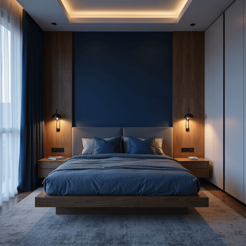 Tiny Bedroom Ideas: Unlock Massive Style in Minimal Space A dramatic bedroom at dusk featuring a deep navy accent wall behind a platform bed with walnut nightstands, layered blue tones, modern wall sconces, glossy white storage towers, captured from an elevated angle with moody lighting.