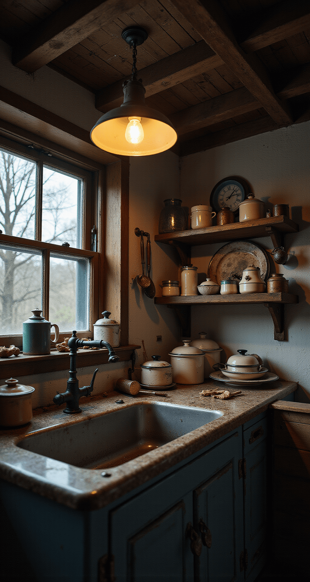 Primitive Kitchen Design: Embracing Rustic Americana Charm A moody evening kitchen featuring a 6ft antique dry sink, illuminated by a warm oil lamp. The scene showcases collected enamelware and vintage kitchen tools against a backdrop of exposed wooden beams, emphasizing depth with strong shadows and highlights in deep browns, cream, and faded blue.