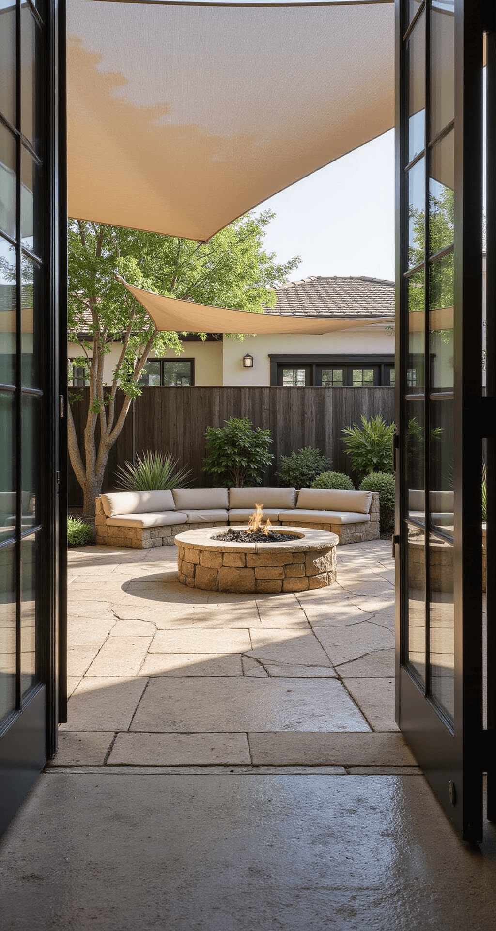 Natural Fire Pit Ideas: Transform Your Outdoor Space into a Cozy Retreat A serene morning scene featuring a seamless transition from indoor to outdoor, framed by glass walls, showcasing an 8ft diameter stone fire pit plaza, a curved stone seating wall with integrated lighting, and a decomposed granite surface accented with geometric pavers. Drought-tolerant plantings create a vibrant backdrop, while portable canvas shade sails enhance the resort-inspired atmosphere.