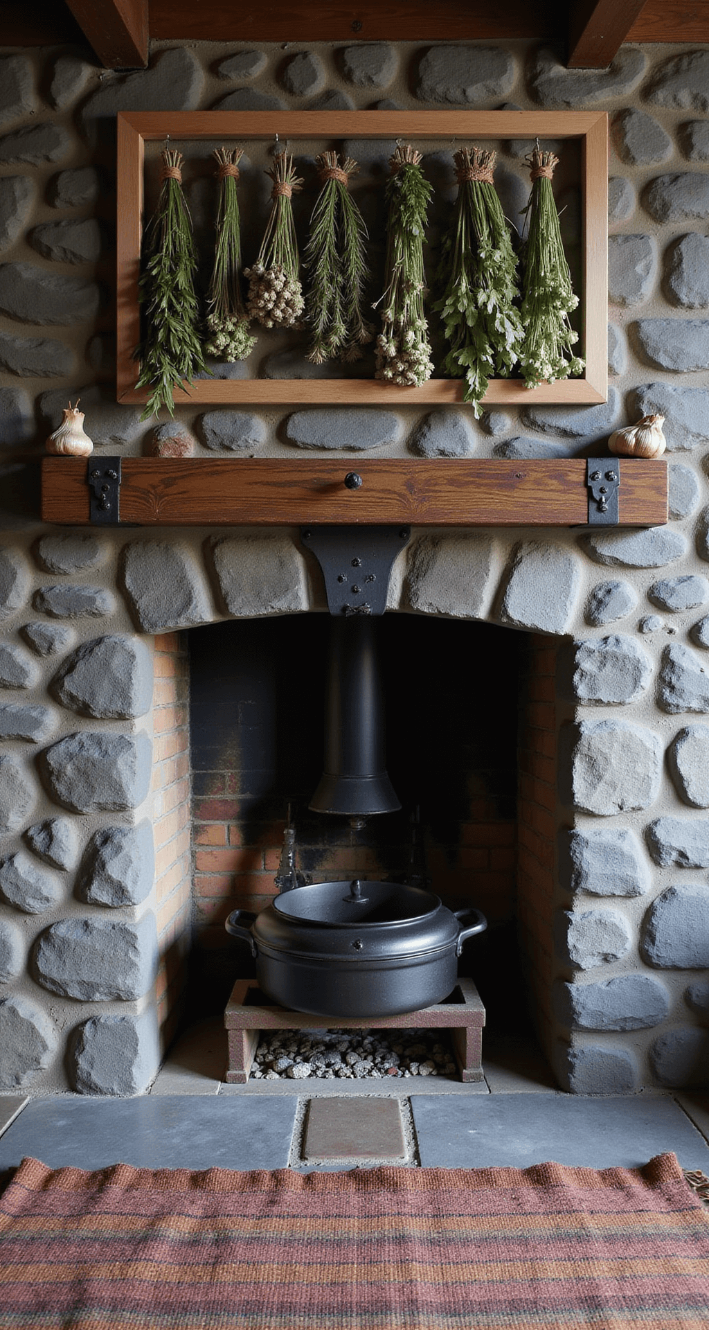 Primitive Kitchen Design: Embracing Rustic Americana Charm A cozy winter morning kitchen with an 8ft stone fireplace featuring a cooking crane and cast iron pots. A handwoven rug is placed in front of the hearth, while wooden drying racks hang overhead, showcasing herbs and garlic braids. The scene is illuminated by cool natural light complemented by the warm glow of the fire, highlighting the rough stone, blackened iron, and dried botanicals in shades of charcoal, deep black, warm brown, and herb green.
