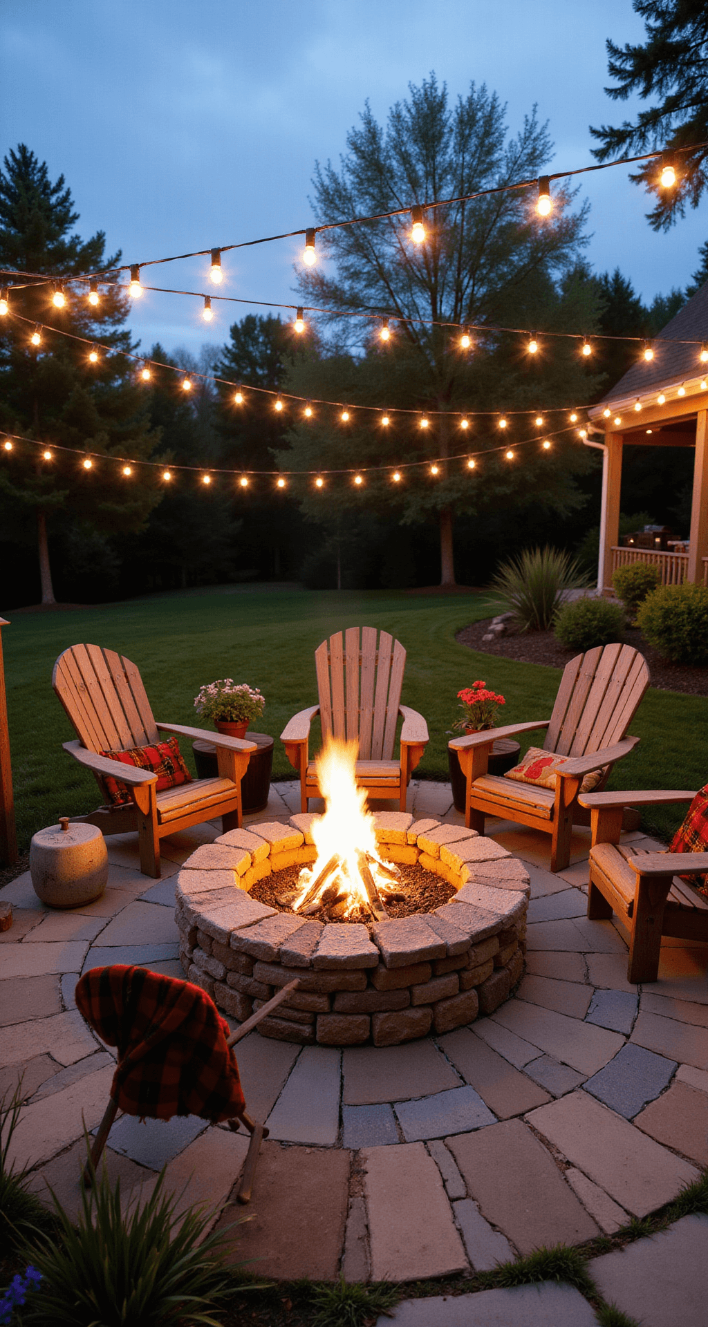 Rustic Fire Pit Ideas: Create Your Perfect Outdoor Gathering Spot A cozy backyard patio at golden hour features a natural stone fire pit as the focal point, surrounded by weathered Adirondack chairs and draped with plaid throws, under warm string lights, with native grasses and flowers enhancing the scene.