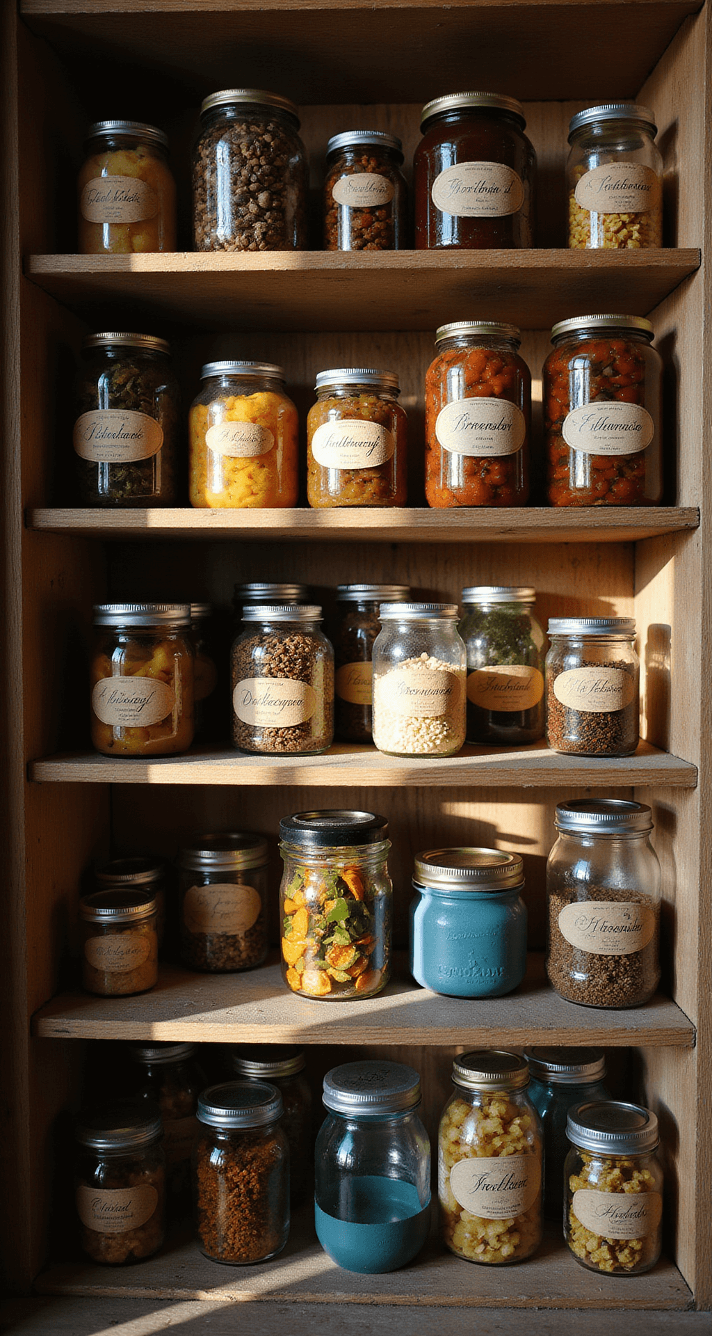 Primitive Kitchen Design: Embracing Rustic Americana Charm Detail-rich primitive kitchen pantry nook filled with vintage jars of preserved goods, hand-labeled and organized. Dramatic shadows cast by the late afternoon sun highlight the glass textures and oxidized metal lids on wooden shelves. The macro close-up emphasizes warm amber tones and blue glass, with sharp focus on the front jars and atmospheric blur in the background.