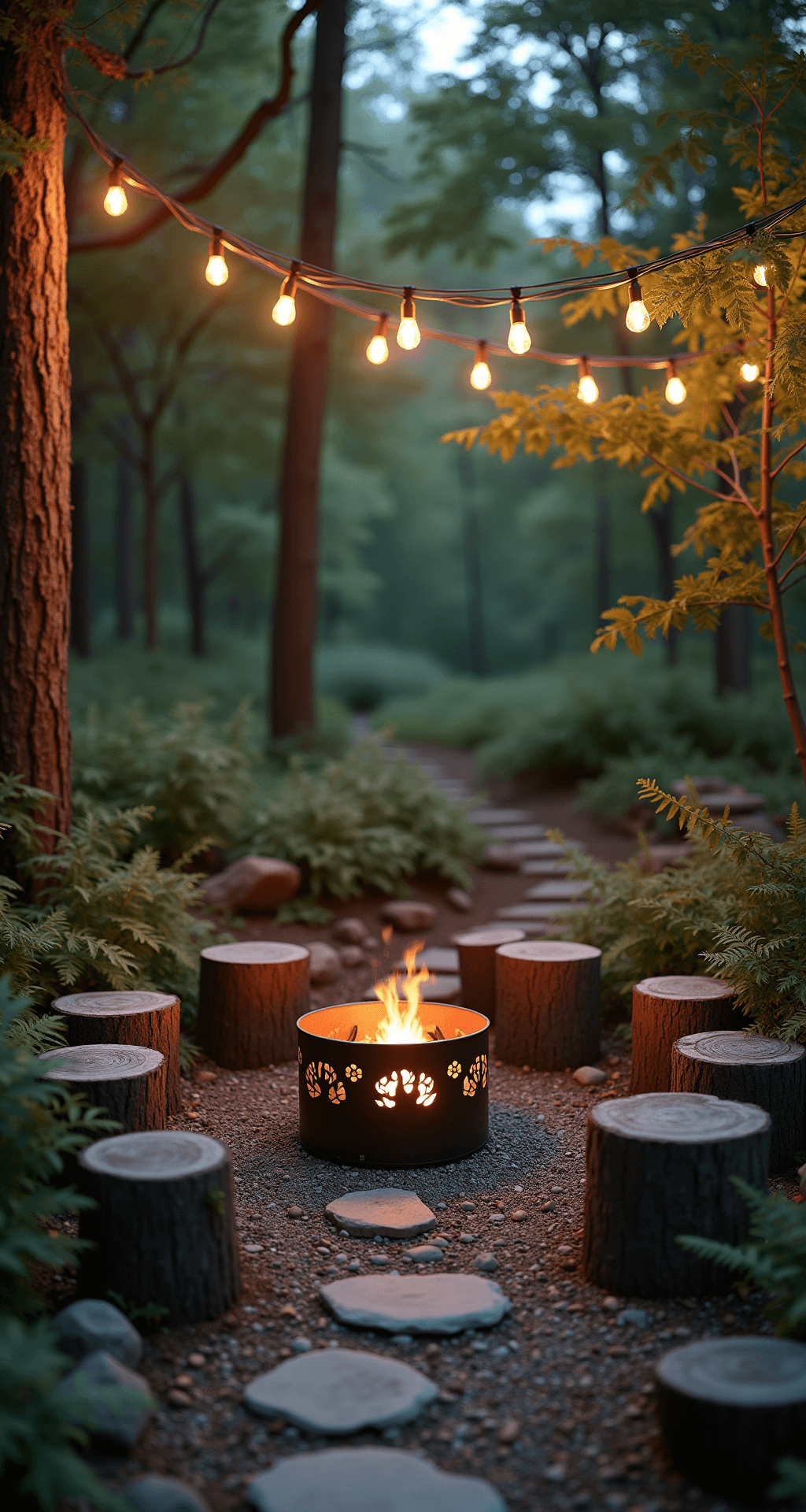 Rustic Fire Pit Ideas: Create Your Perfect Outdoor Gathering Spot Intimate woodland clearing at twilight with a 3ft upcycled metal barrel fire pit casting shadows, surrounded by reclaimed wooden stumps, Edison bulb string lights, and a natural stone pathway lined with river rocks and ferns.