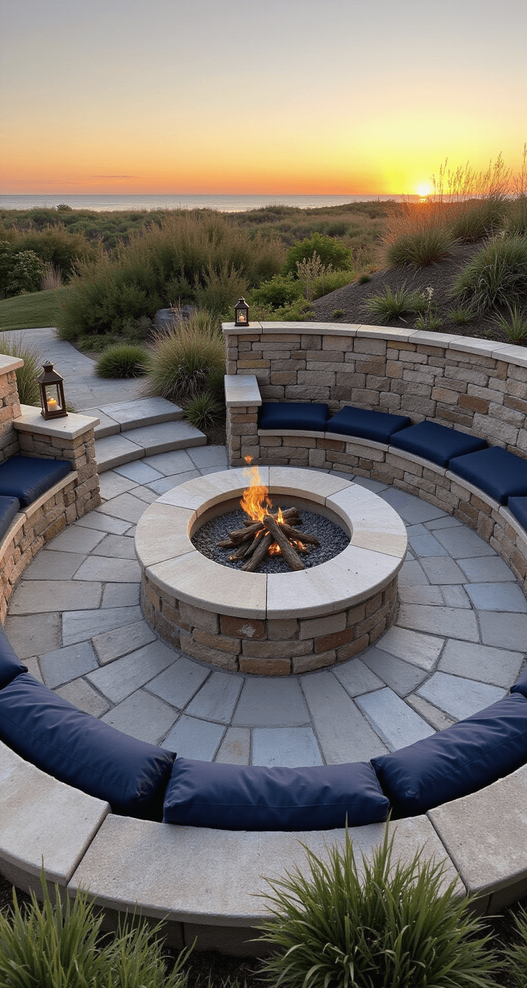 Rustic Fire Pit Ideas: Create Your Perfect Outdoor Gathering Spot A coastal-inspired fire pit scene at sunset featuring a 5ft diameter beach stone pit, surrounded by curved stone benches with navy cushions, driftwood accents, and sea grass plantings, all illuminated by salt-worn copper lanterns.