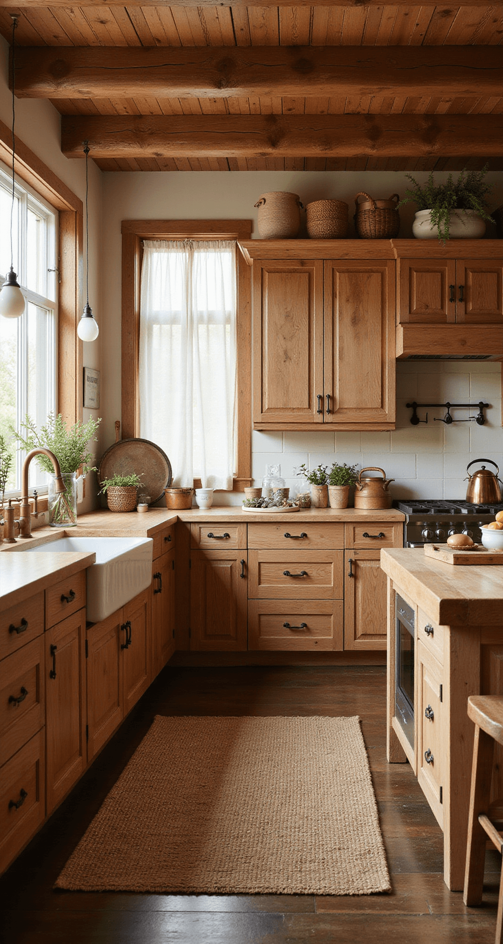 Alder Kitchen Cabinets: Your Ultimate Guide to Warmth, Style, and Practicality A rustic farmhouse kitchen featuring exposed wooden beams, knotty alder cabinets with a distressed finish, a vintage farmhouse sink, and a butcher block island, all illuminated by golden hour light filtering through cafe curtains. Decorated with woven baskets, dried herbs, and antique cookware, the space showcases a warm color palette of honey, cream, and copper.