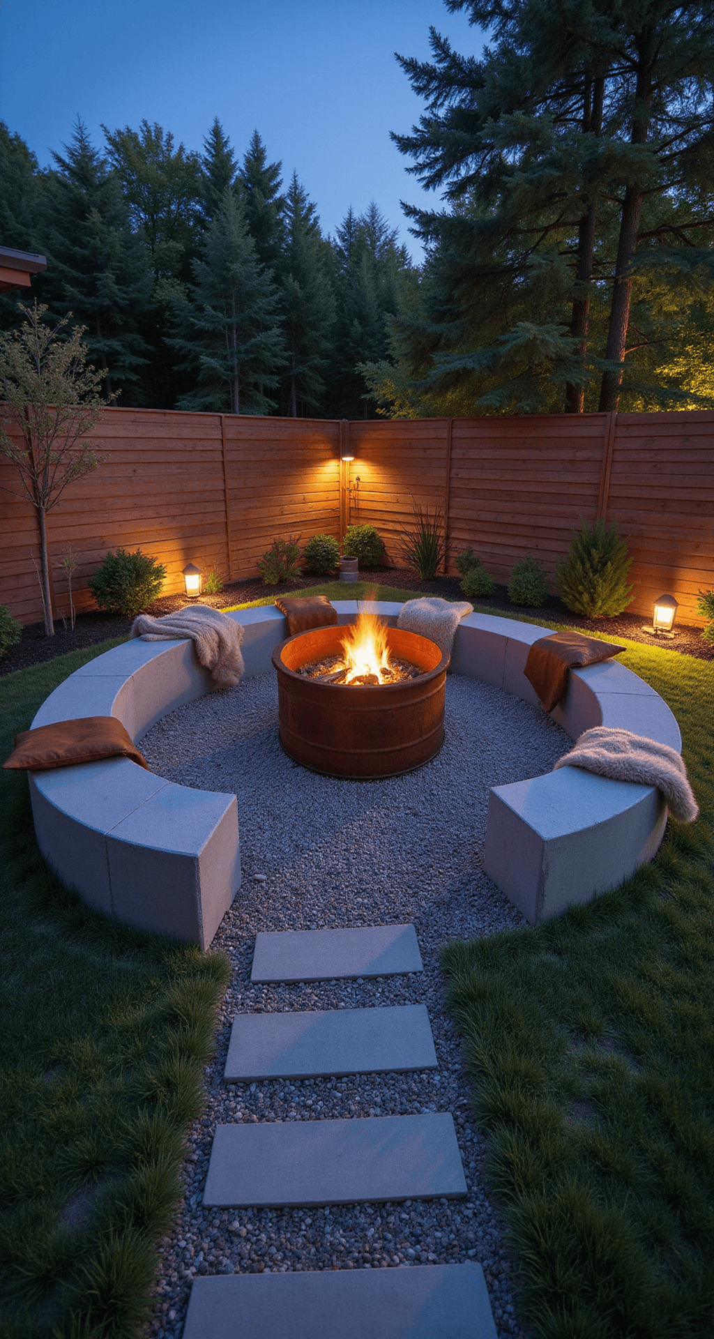 Rustic Fire Pit Ideas: Create Your Perfect Outdoor Gathering Spot A bird's eye view of a modern rustic fire pit vignette at blue hour, featuring a repurposed industrial washing drum fire pit with artistic rust patina, surrounded by gravel pathways. Mixed-material seating includes concrete blocks, leather cushions, and sheepskin throws, complemented by minimal copper accent lighting casting dramatic shadows on architectural features.