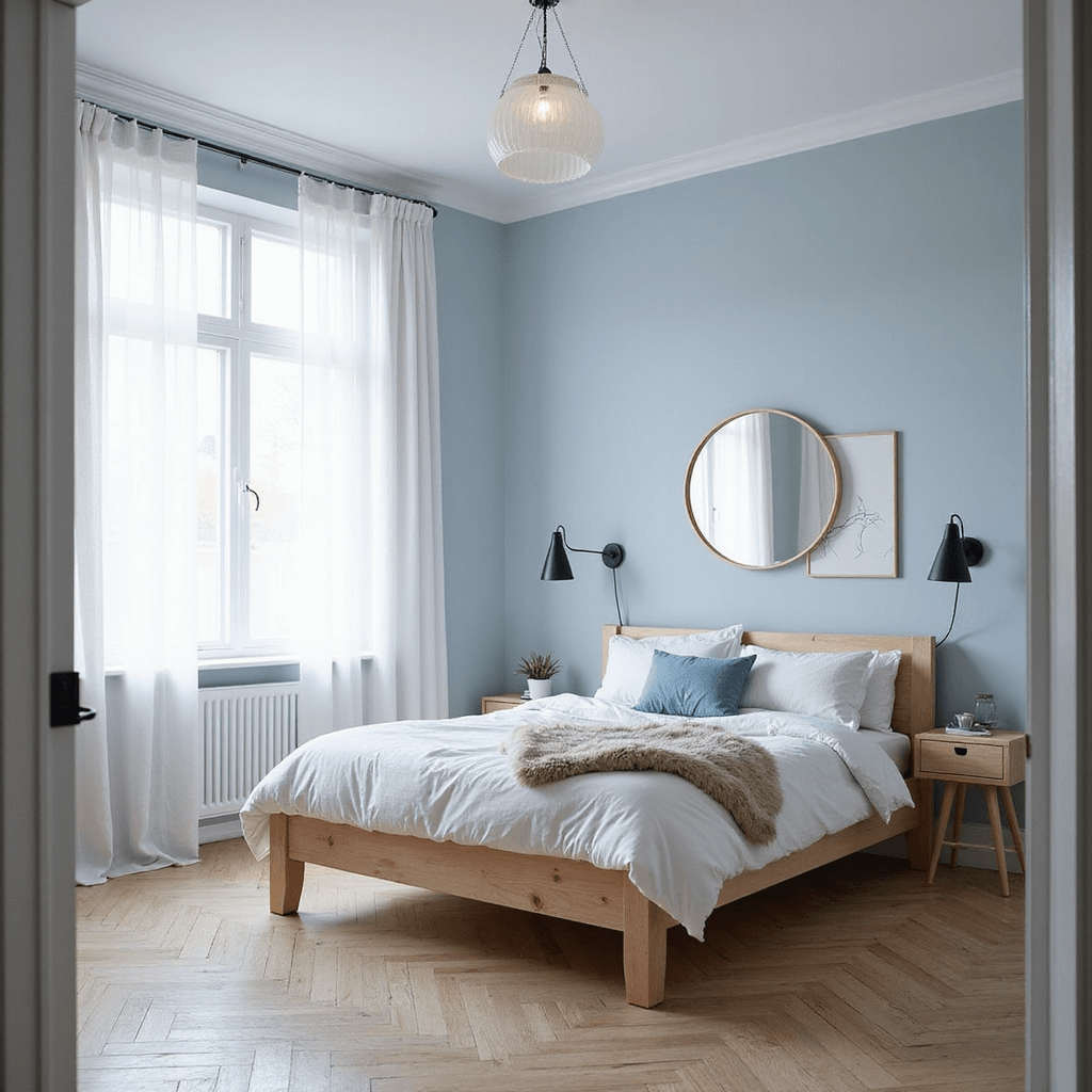 Blue Bedroom Ideas: Transform Your Space with Calming and Stylish Blues A serene minimalist bedroom featuring pale blue-gray walls, blonde wood floors, and a low-profile natural pine bed with soft blue and white bedding. Sheer white curtains diffuse northern light, while simple line art and matte black sconces adorn the walls. A round mirror reflects light, and sheepskin throws add texture, all captured from an eye-level perspective at the doorway.