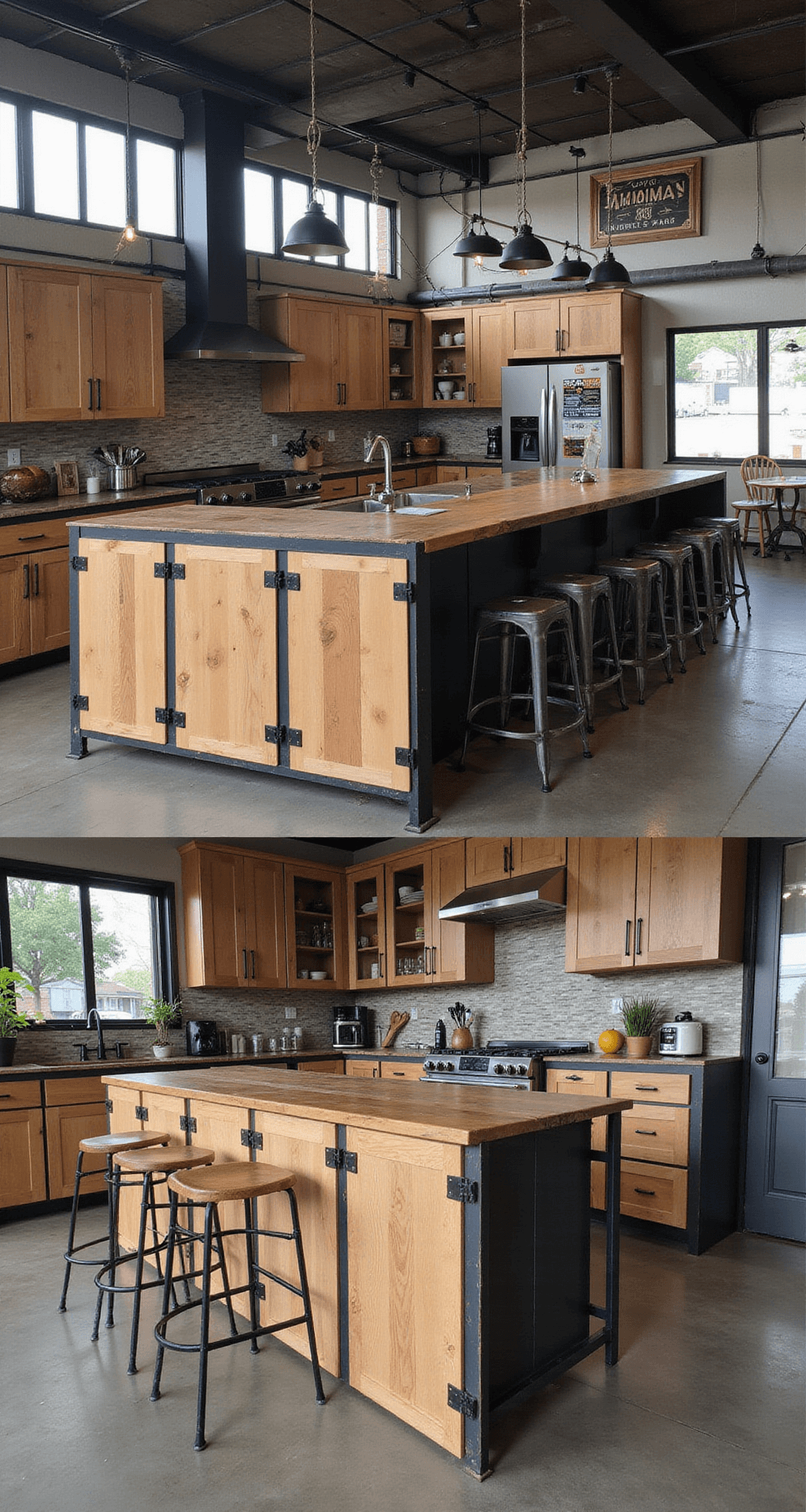 Alder Kitchen Cabinets: Your Ultimate Guide to Warmth, Style, and Practicality Industrial open concept kitchen featuring rustic alder cabinets with black metal framing, concrete floors, and overhead factory windows. The elevated view highlights a center island with a reclaimed alder wood top, metal bar stools, vintage signage, and industrial lighting, blending warm wood tones with cool metals and charcoal accents.