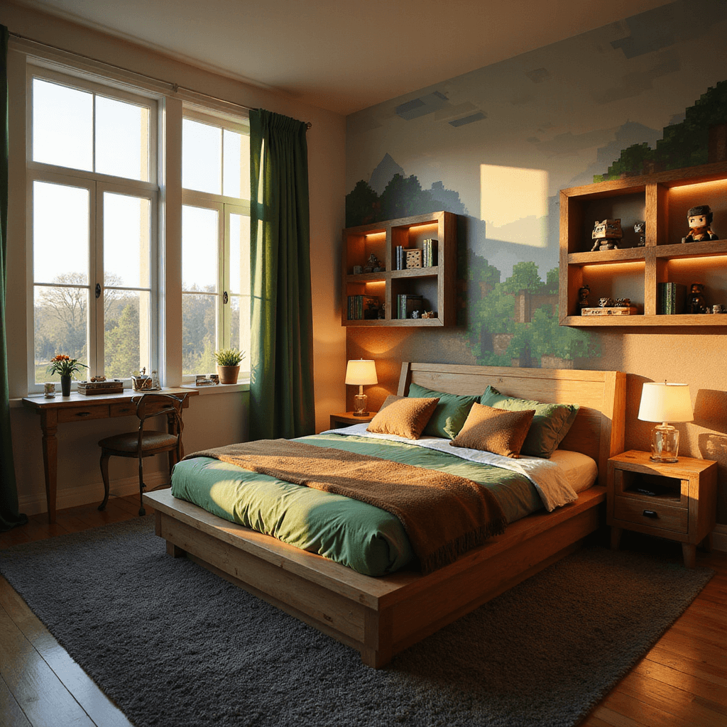Minecraft Bedroom Ideas: Transform Your Space into a Pixelated Paradise A Minecraft-themed bedroom showcasing a custom block-style platform bed with pixelated bedding, geometric window frames casting cube-shaped shadows, a hand-painted 8-bit mountain mural, floating shelves with illuminated Minecraft figurines, and a crafting table-inspired desk, all bathed in golden hour light.