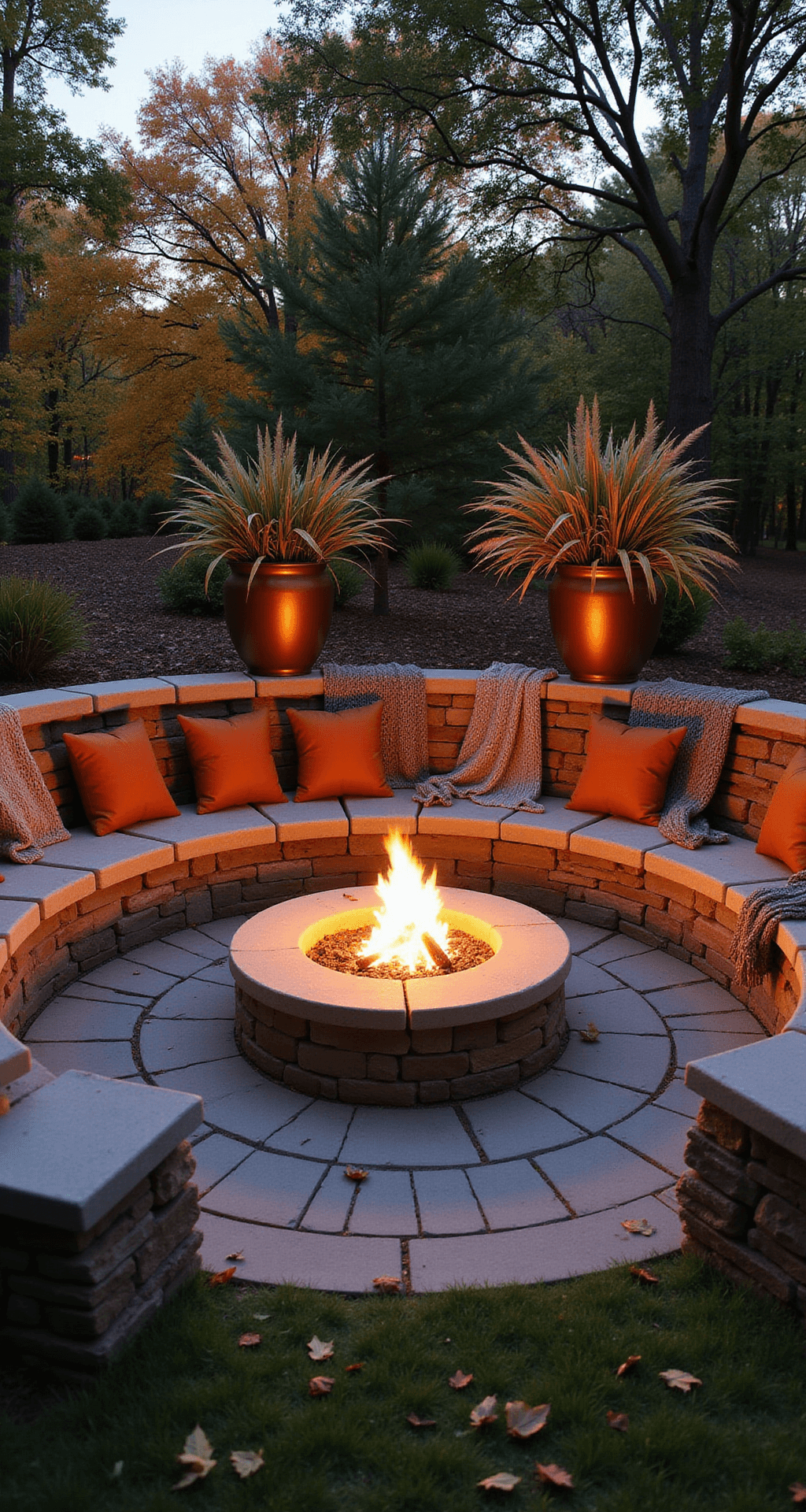 Rustic Fire Pit Ideas: Create Your Perfect Outdoor Gathering Spot An autumn twilight scene featuring a sunken stone fire pit area with stacked flagstone walls for seating, adorned with rust-colored pillows and throws, framed by copper vessels filled with ornamental grasses, and illuminated by warm uplighting among fallen leaves.