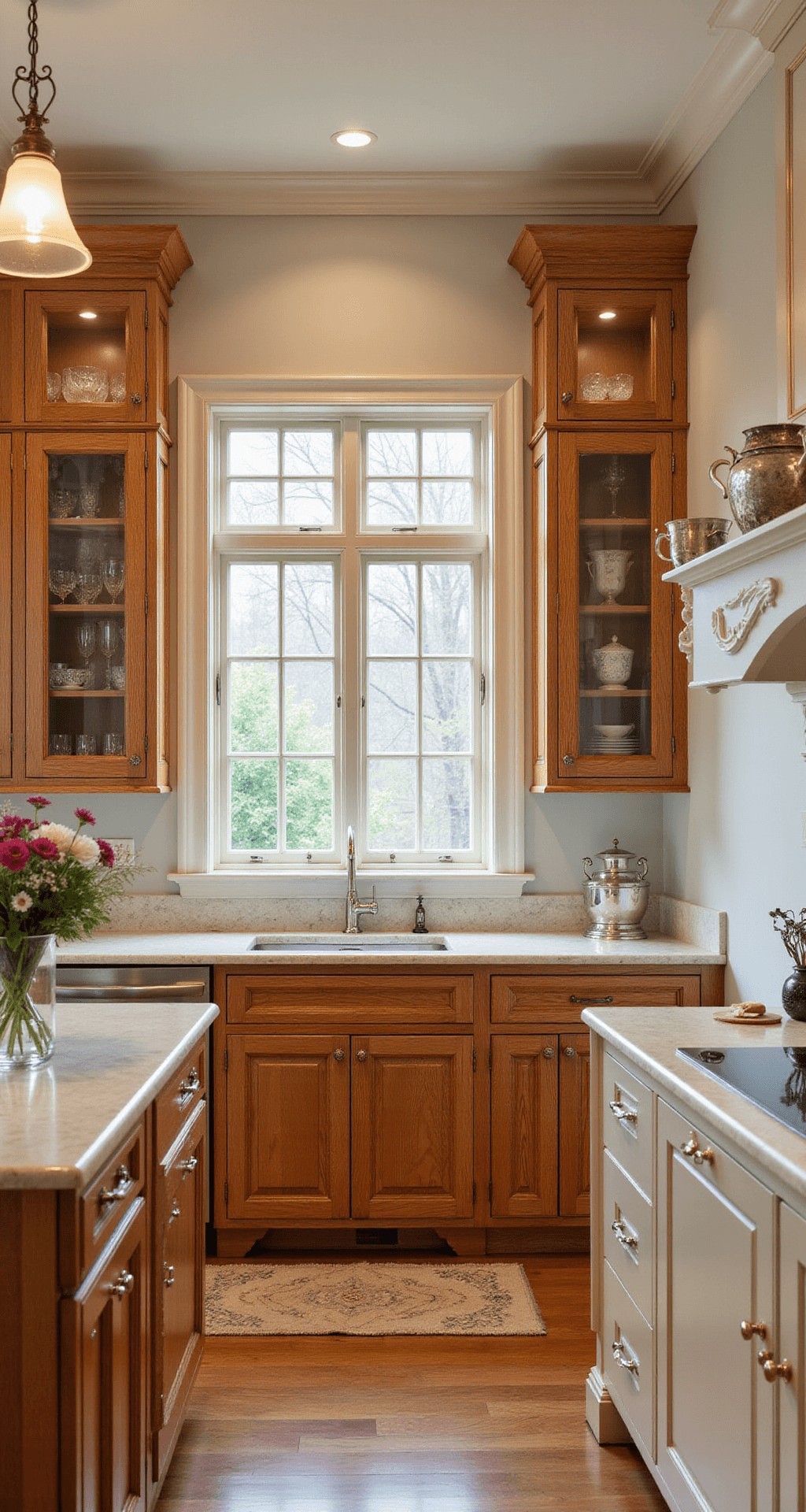 Alder Kitchen Cabinets: Your Ultimate Guide to Warmth, Style, and Practicality A luxurious traditional kitchen featuring glazed alder cabinets, marble countertops, and brass hardware, styled with fresh flowers and vintage accessories, illuminated by soft afternoon light through mullioned windows.