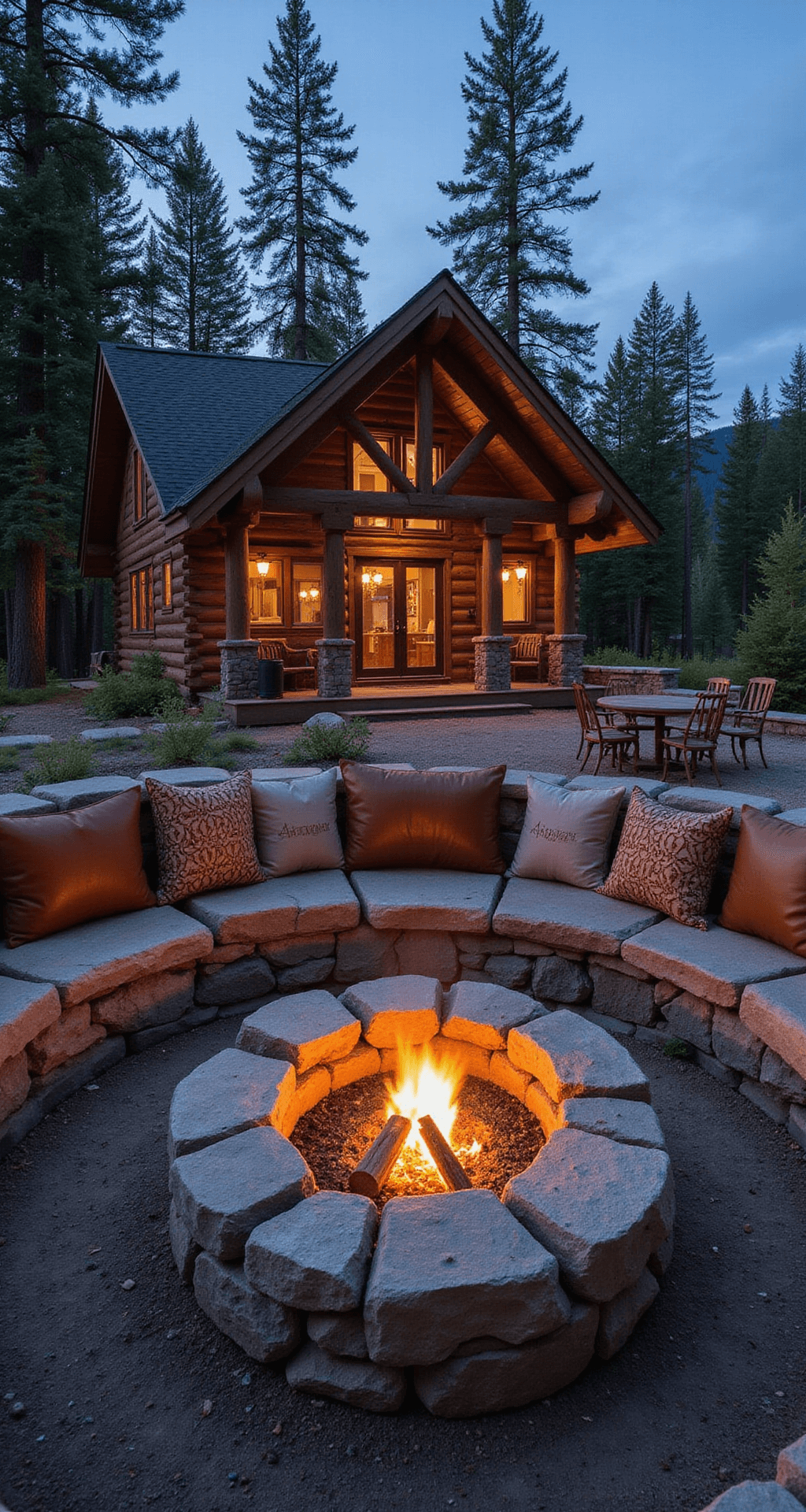 Rustic Fire Pit Ideas: Create Your Perfect Outdoor Gathering Spot Aerial view of a circular fire pit made of local river rocks at dusk, featuring integrated wood storage alcoves, rustic log benches with leather cushions, and cast iron cooking accessories, illuminated by landscape lighting with a pine forest backdrop.