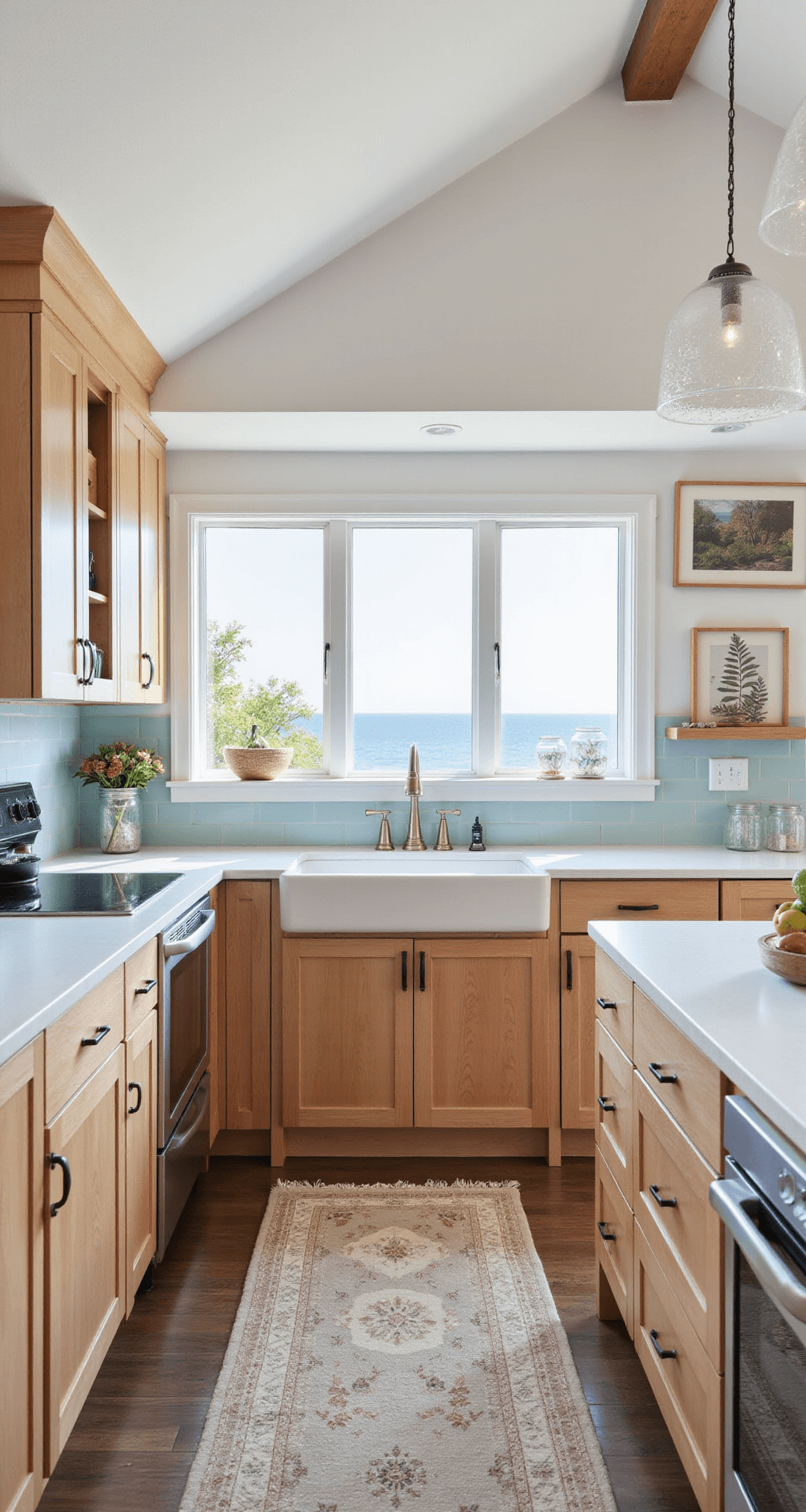 Alder Kitchen Cabinets: Your Ultimate Guide to Warmth, Style, and Practicality A bright coastal-inspired kitchen featuring light-stained alder cabinets with beadboard details, white quartz counters, and a pale blue backsplash, illuminated by natural light from beach-facing windows, showcasing a wide angle view of the ocean and decorated with woven textures, glass floats, and botanical prints.