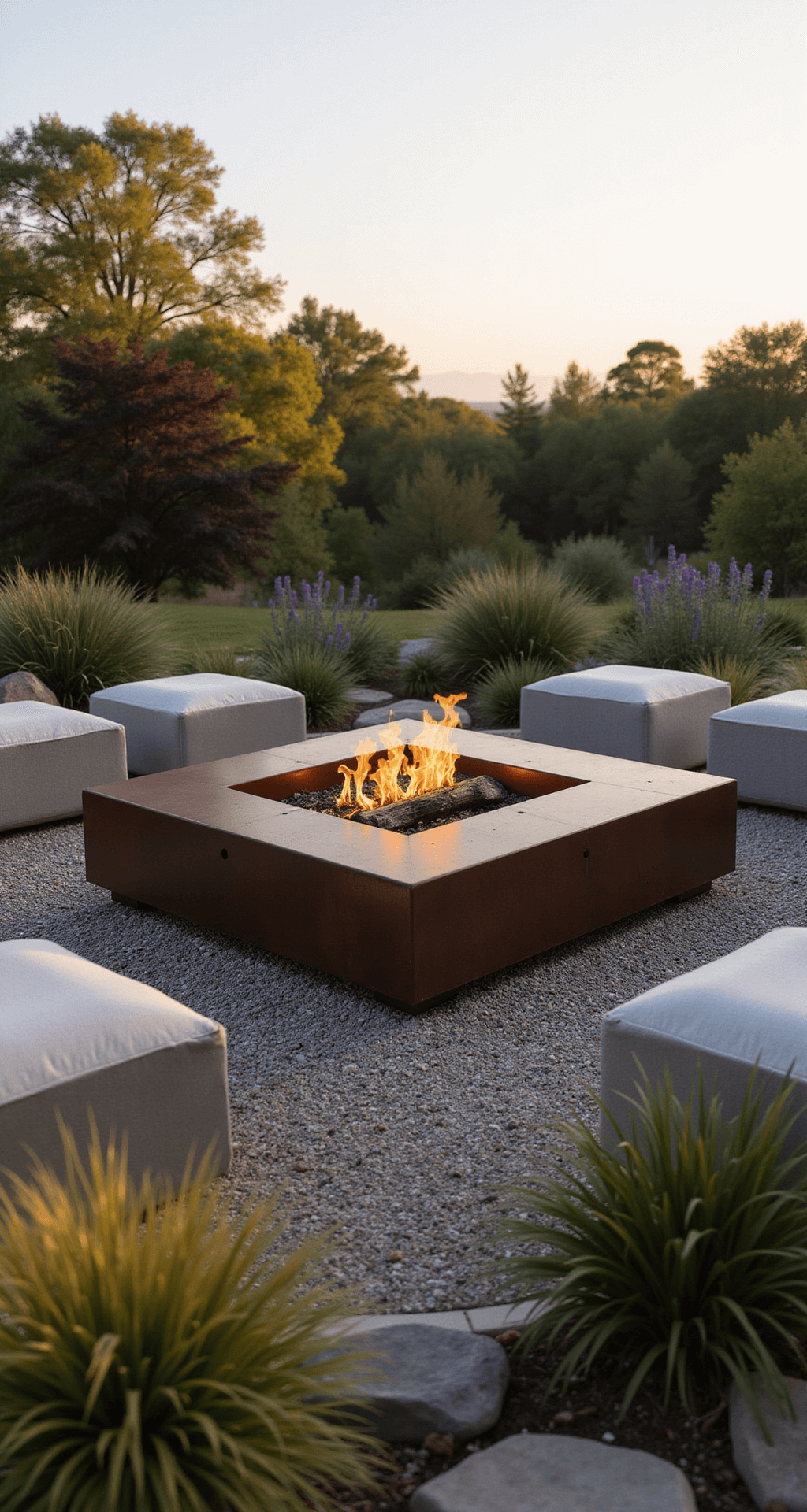 Rustic Fire Pit Ideas: Create Your Perfect Outdoor Gathering Spot A minimalist zen garden featuring a 4ft square cor-ten steel fire pit, surrounded by a rock garden and gravel patterns, with concrete block seating and neutral linen cushions, complemented by ornamental grasses, captured during morning golden hour with dramatic side lighting.