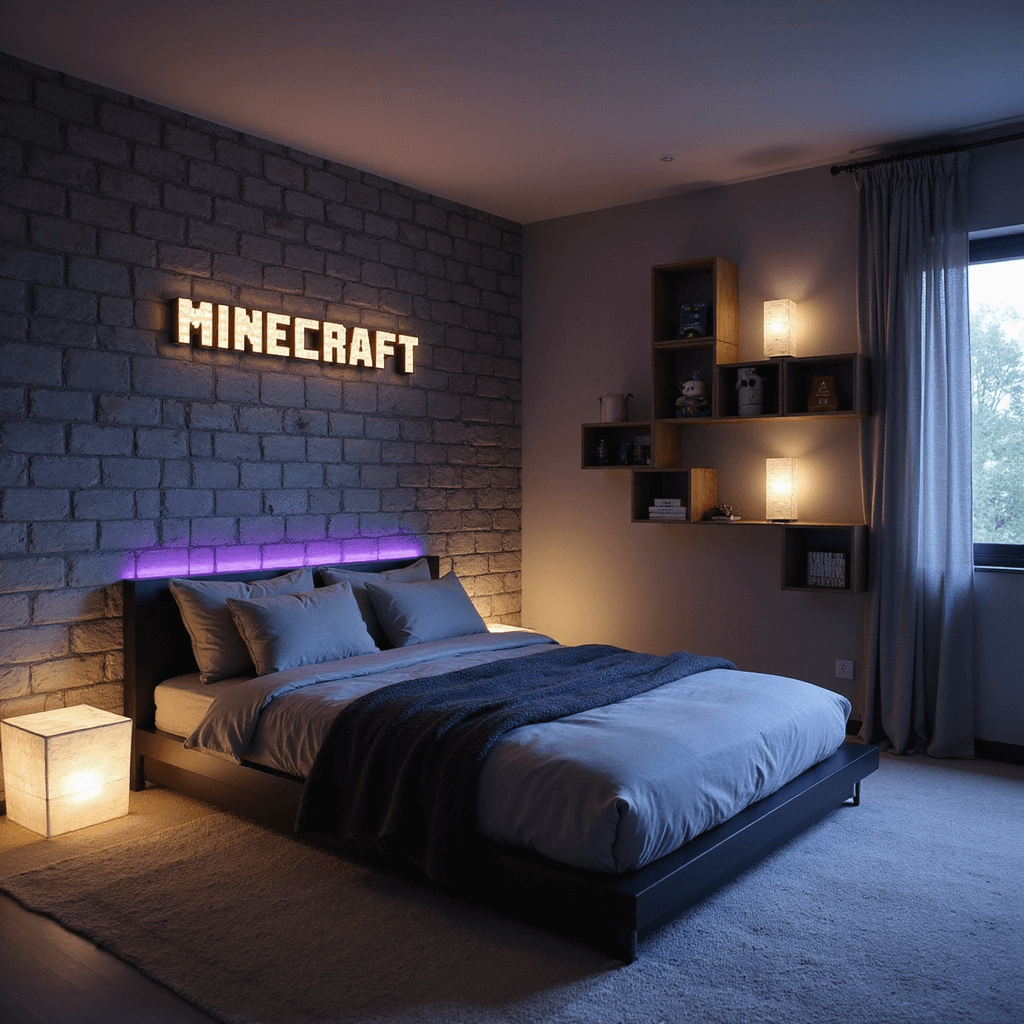 Minecraft Bedroom Ideas: Transform Your Space into a Pixelated Paradise A minimalist teen bedroom with a Minecraft aesthetic, featuring gray block walls, an obsidian-inspired bed frame, LED pixel art typography, and floating cubic shelves, illuminated by square paper lanterns at twilight.