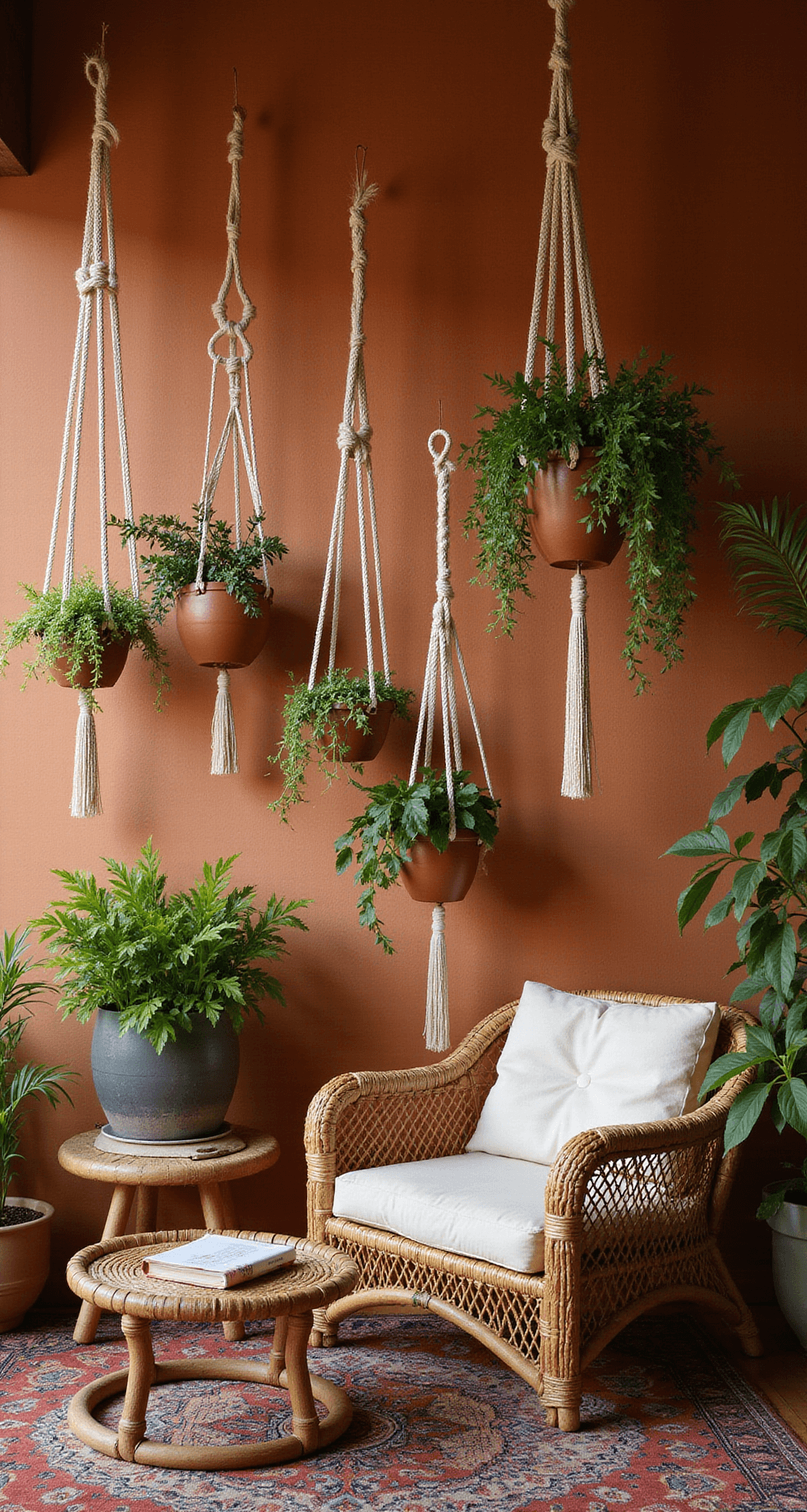Herb Garden Walls: Your Ultimate Guide to Green, Gorgeous Living Spaces A bohemian living room featuring a macramé-adorned herb garden with earthenware pots suspended from handcrafted rope hangers against a terracotta wall. Rattan furniture and layered Persian rugs provide depth, while late afternoon light casts dramatic shadows through the macramé.