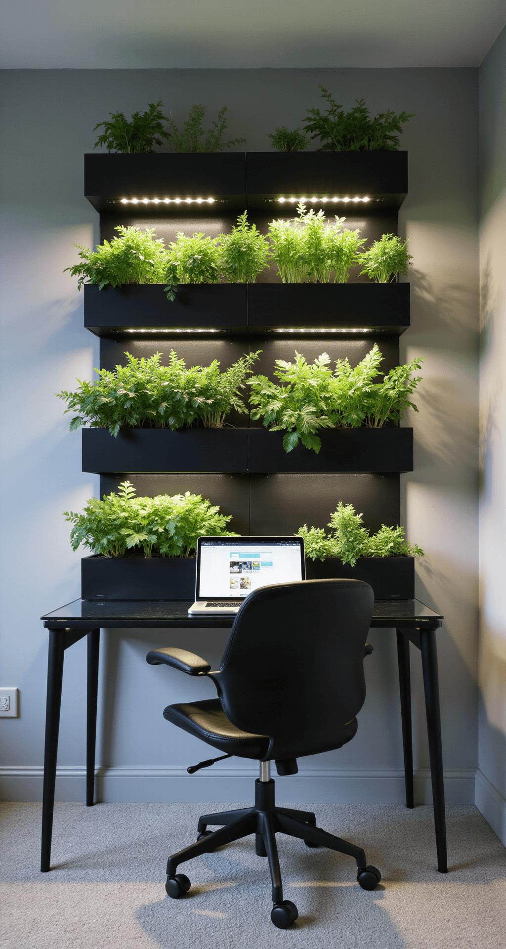 Herb Garden Walls: Your Ultimate Guide to Green, Gorgeous Living Spaces Minimalist home office with a smart herb garden system, featuring matte black vertical planters with LED grow lights against light gray walls, a glass desk, and ergonomic chair, shot straight-on with a telephoto lens and balanced lighting.