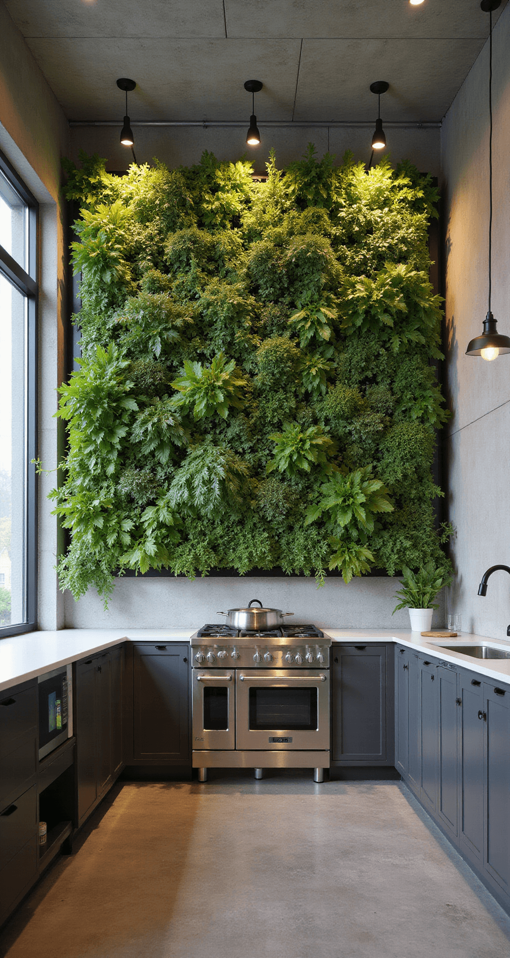 Herb Garden Walls: Your Ultimate Guide to Green, Gorgeous Living Spaces Contemporary kitchen-dining space featuring a 9x12ft living herb wall installation with varied culinary herbs, set against brushed concrete walls and illuminated by industrial pendant lights, showcasing commercial-grade stainless steel appliances.