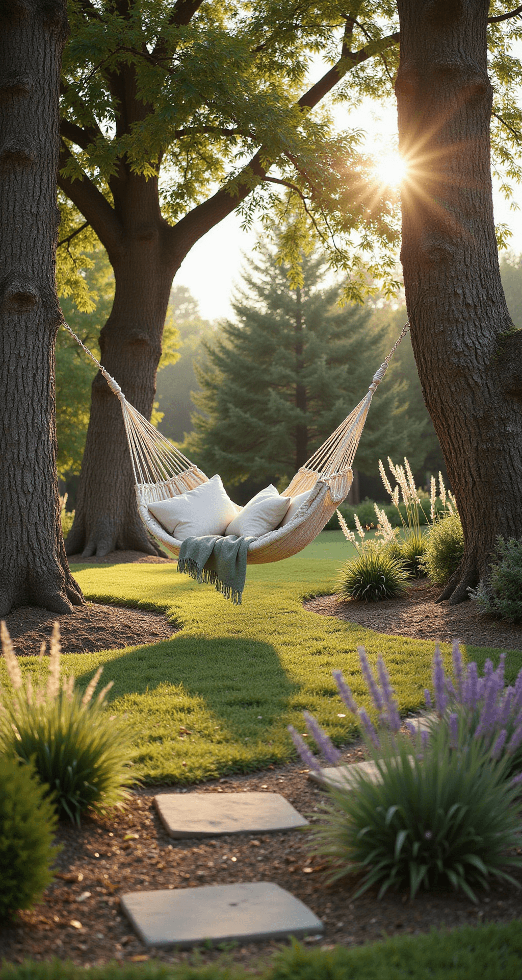 Garden Hammock Ideas: Your Ultimate Relaxation Sanctuary A tranquil backyard scene at golden hour featuring two mature oak trees with a white rope hammock dressed in cream pillows and a sage green throw, surrounded by swaying lavender and ornamental grasses, with a blurred natural stone pathway leading to the hammock.