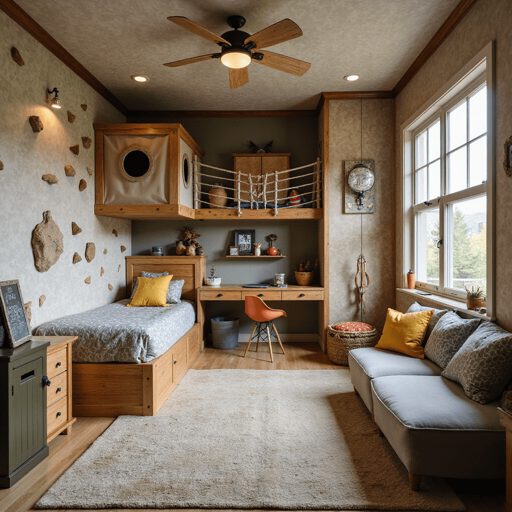 Transforming Kids' Bedrooms: A Fun and Functional Design Guide A vibrant adventure-themed playroom-bedroom featuring a climbing wall, rope bridge to a reading nook, and a built-in fort, all set in a cozy 15x15' corner room. The earthy color palette is accented with bright primary-colored toys and accessories, complemented by natural wood elements and canvas storage. Textured wallpaper mimics topographic maps, while multiple light sources enhance the playful atmosphere. The elevated perspective showcases the dynamic layout and organized chaos of the space.